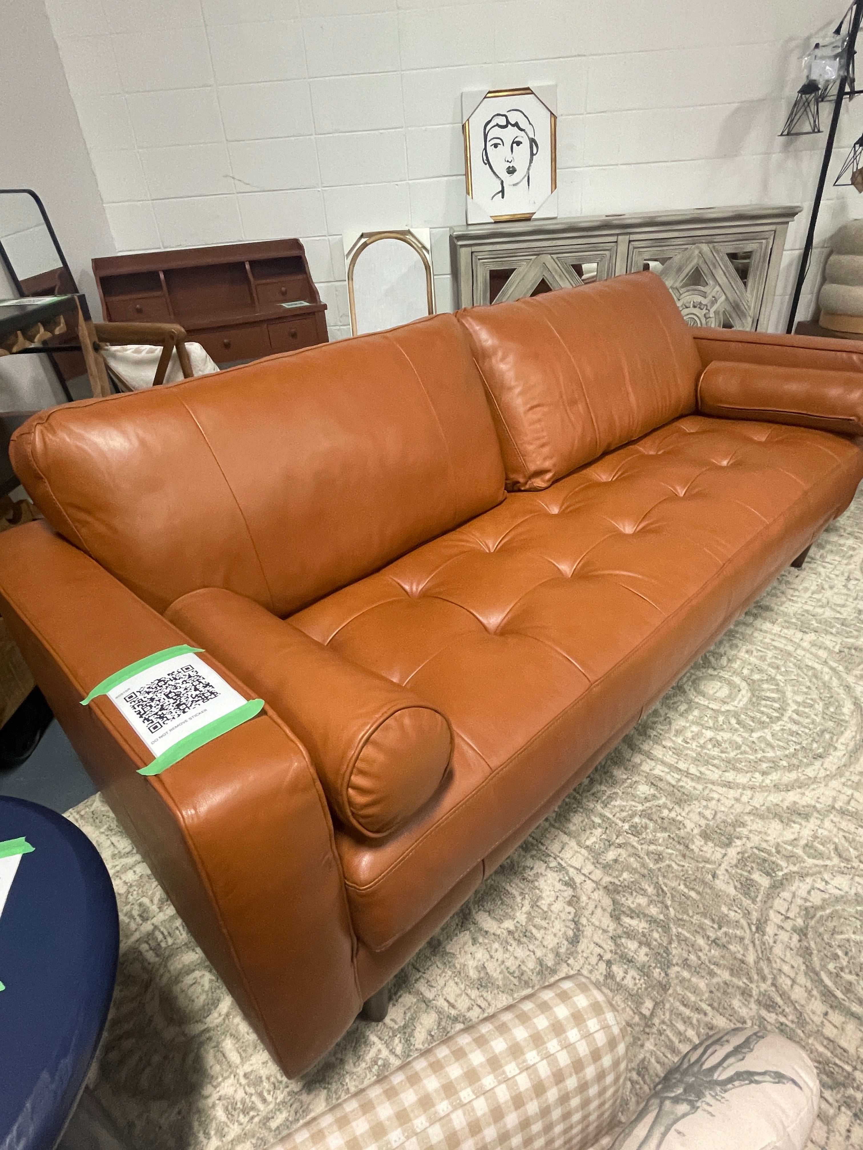MAKLAINE 88.5" W Mid-Century Leather Fitted Back Sofa SHOWROOM ITEM