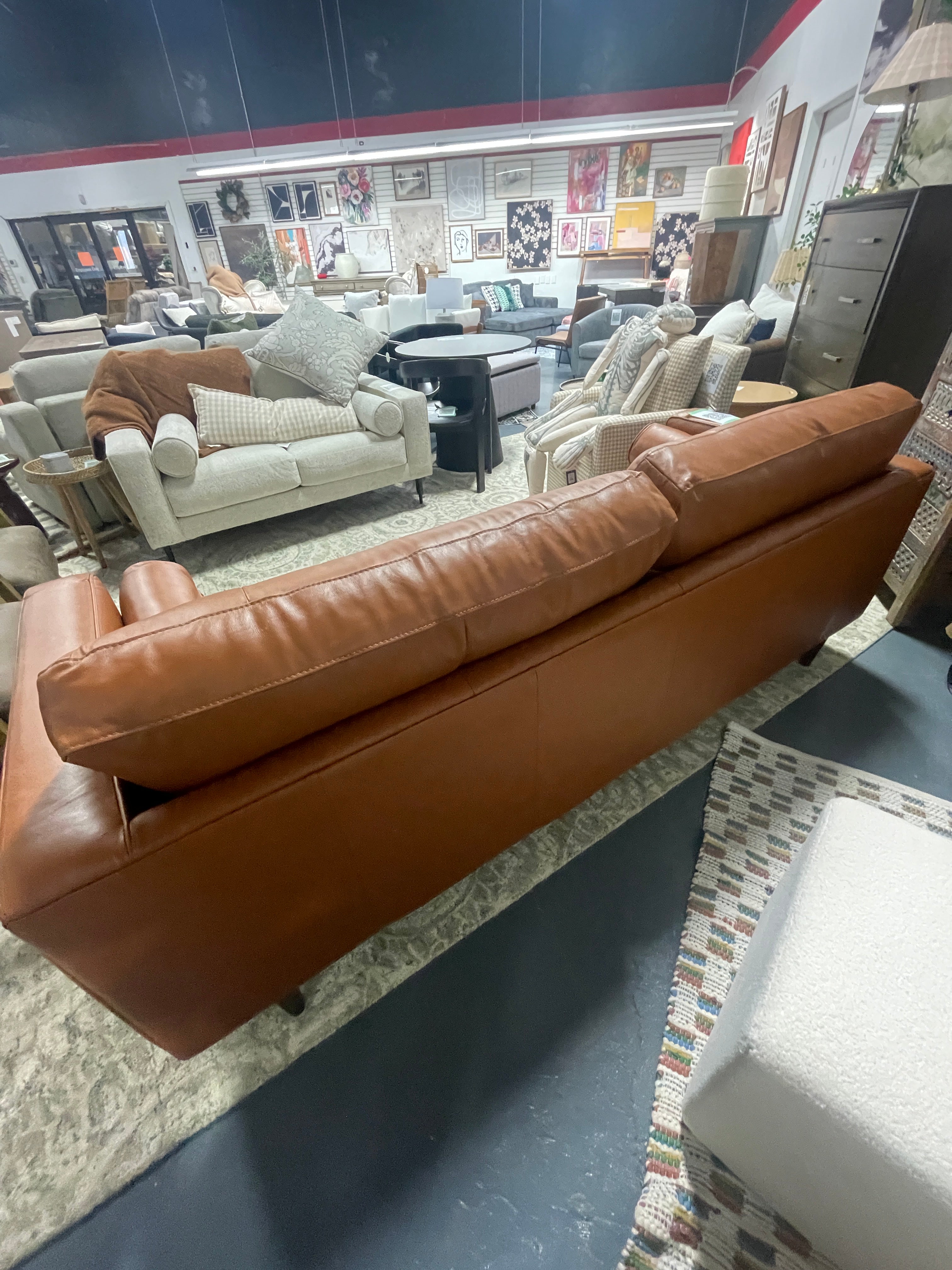 MAKLAINE 88.5" W Mid-Century Leather Fitted Back Sofa SHOWROOM ITEM
