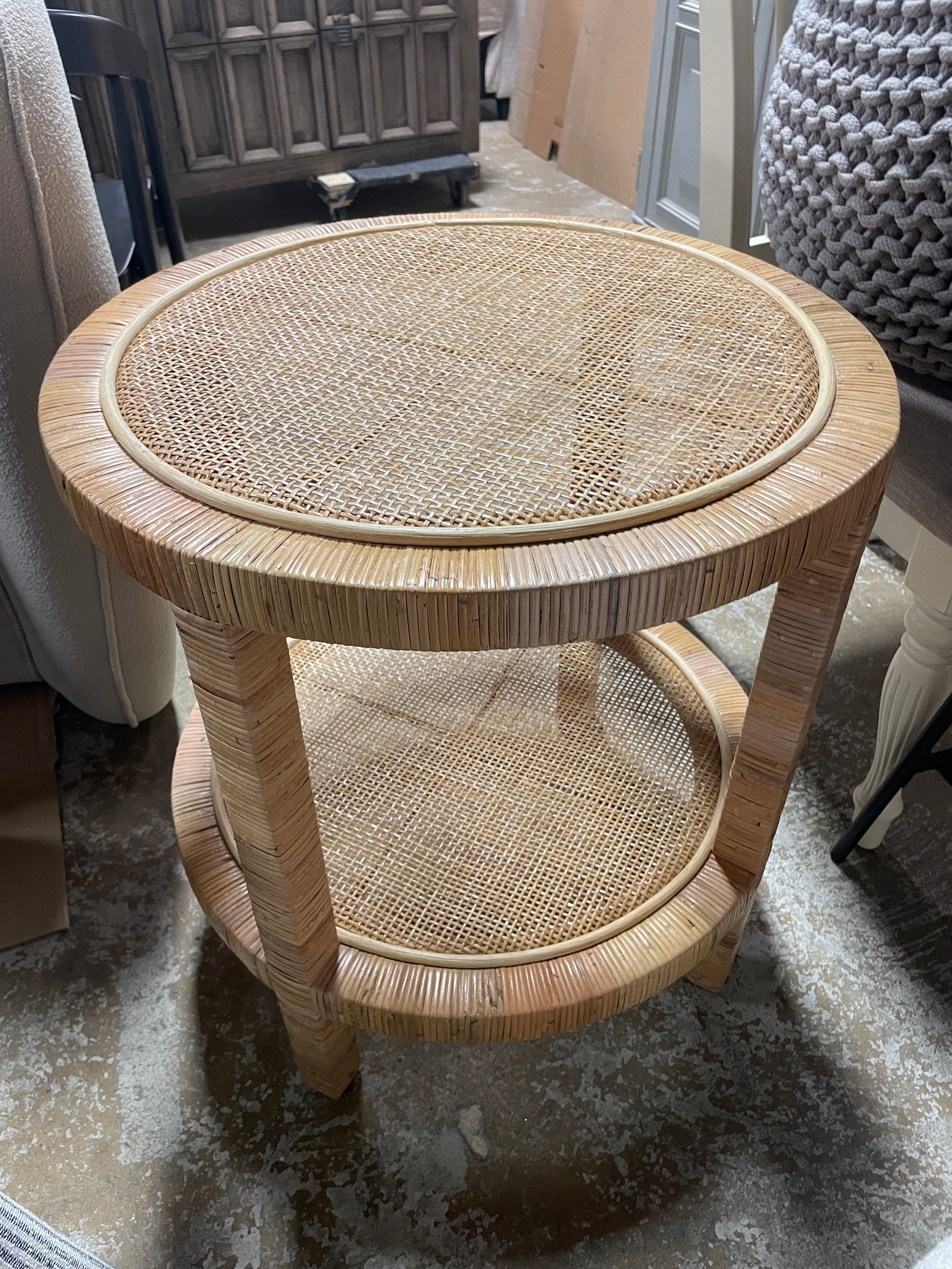 Bella Mahogany Wood and Natural Rattan 2 Tier End Table Natural Brown SHOWROOM ITEM