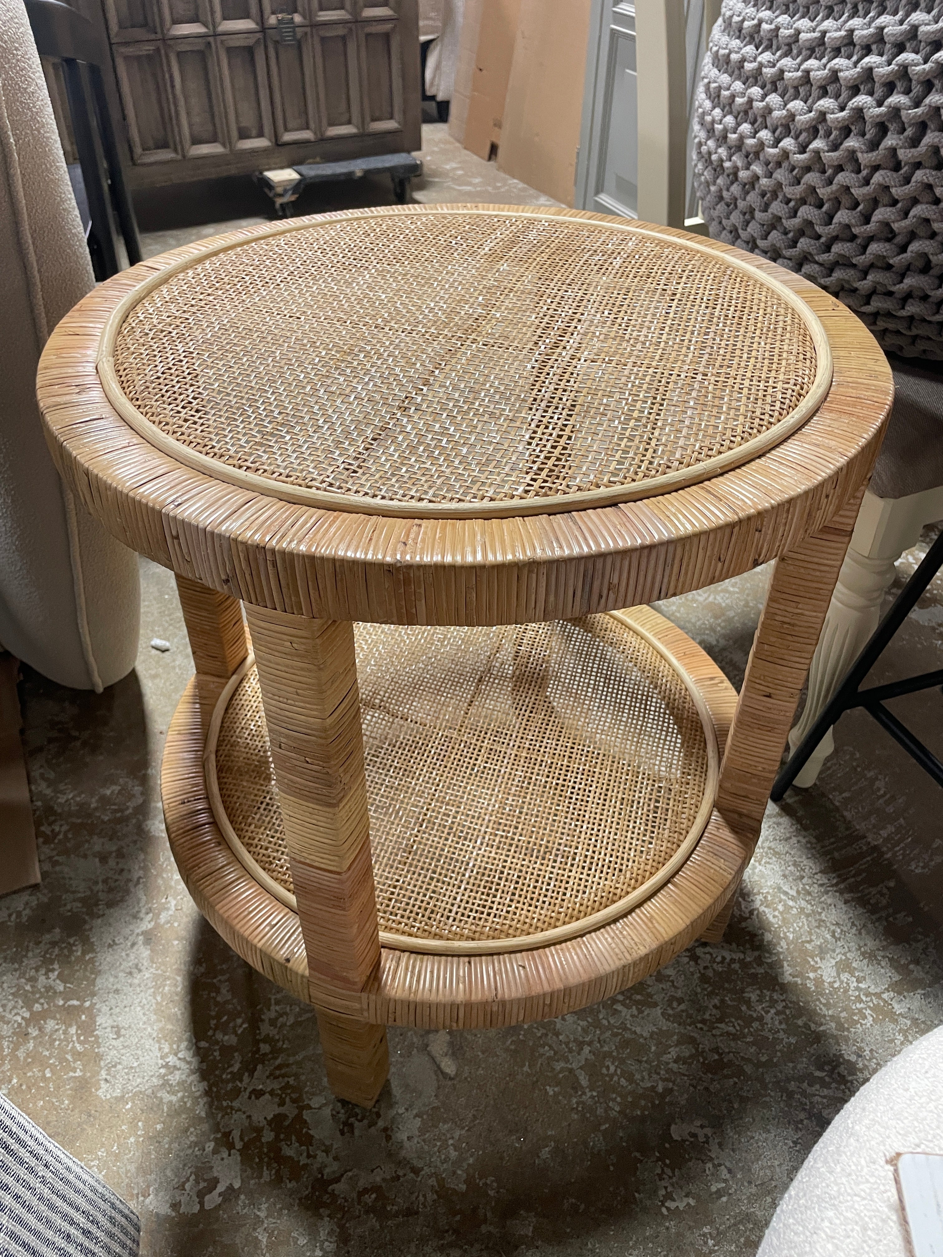Bella Mahogany Wood and Natural Rattan 2 Tier End Table Natural Brown SHOWROOM ITEM
