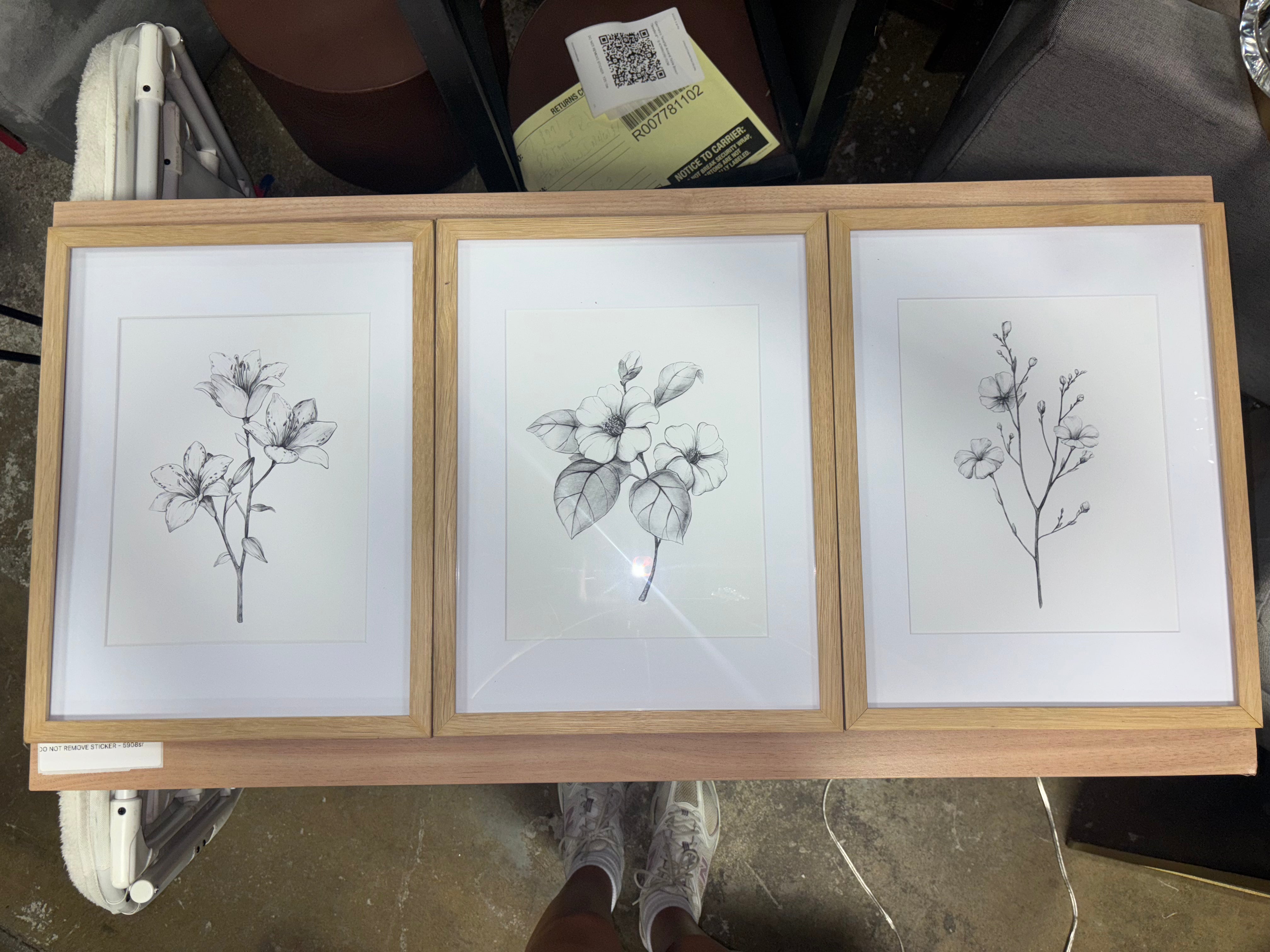 (Set of 3) Framed Antique Floral Print Set - Natural SHOWROOM ITEM