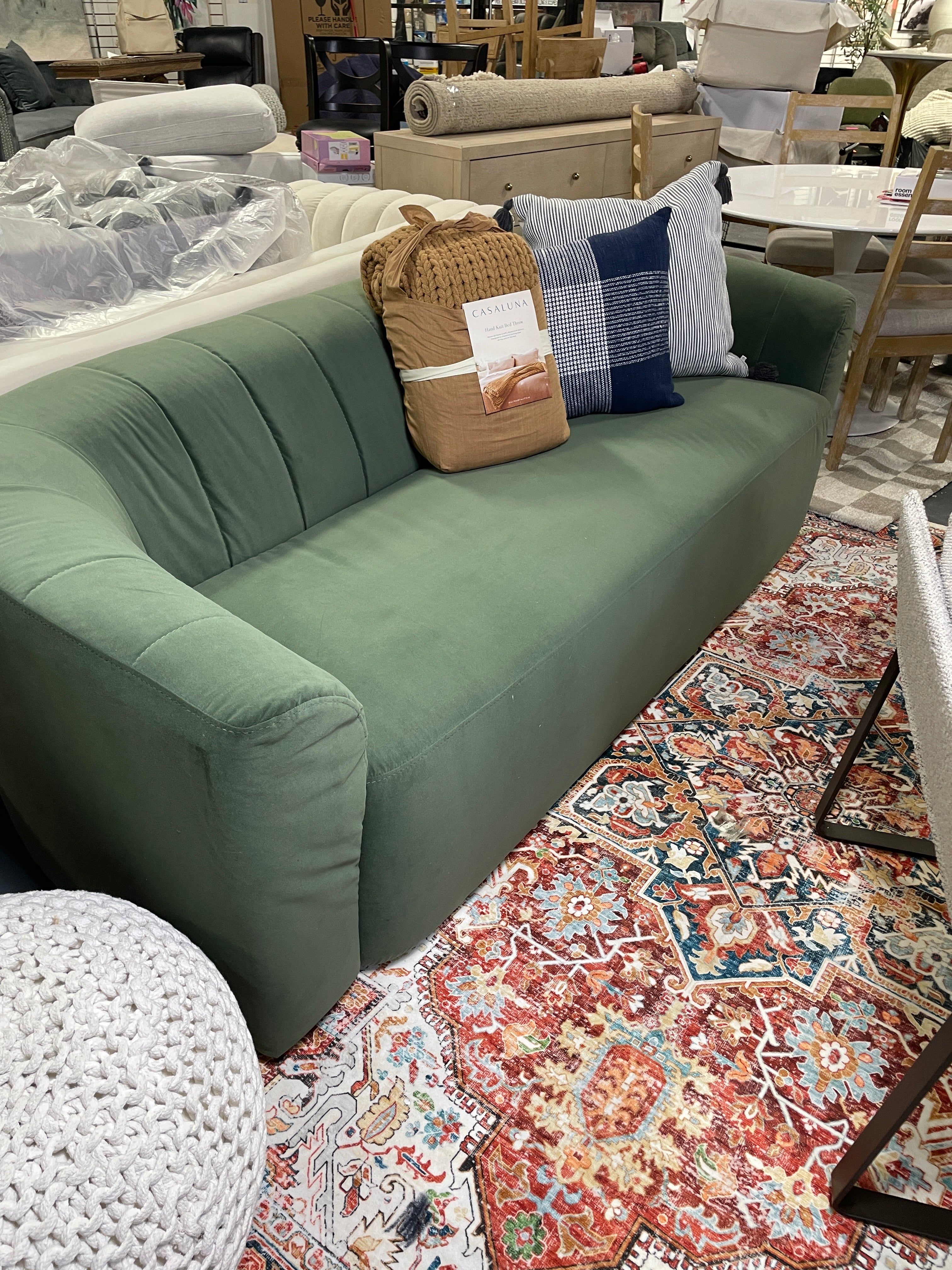 Kante Curved Channel Tufted Velvet Sofa in Green 88” SHOWROOM ITEM ONLY