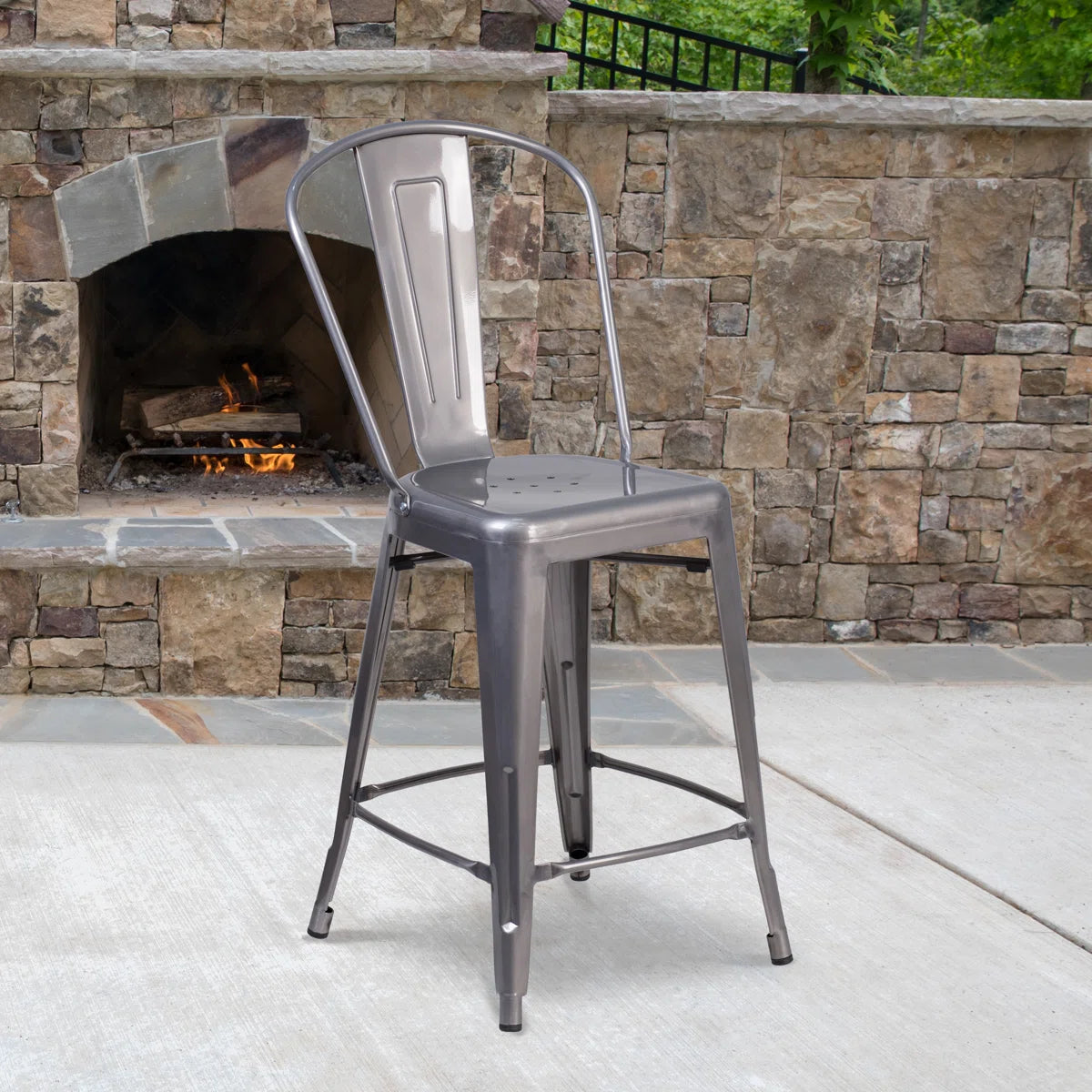 Metal Indoor-Outdoor Counter Height Stool with Back - Set of 2