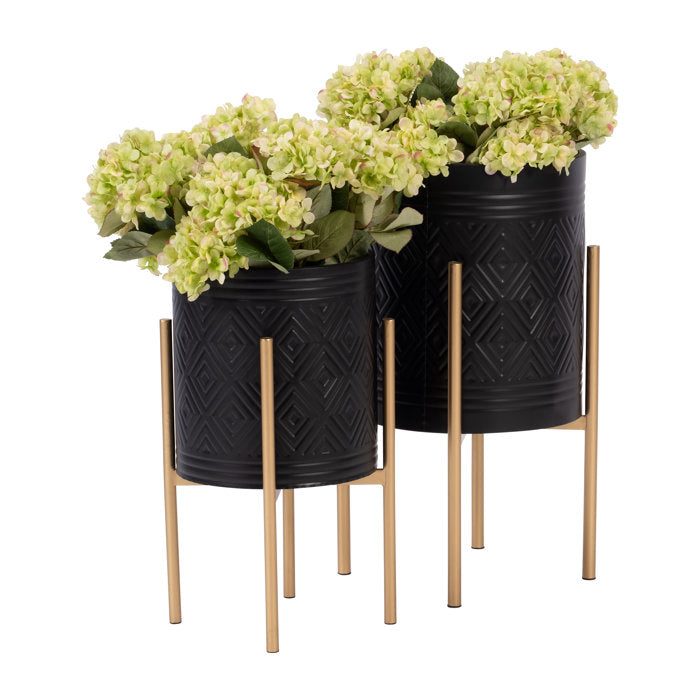 Black Indoor Outdoor Aztec Planters on Metal Stand, (Set of 2)