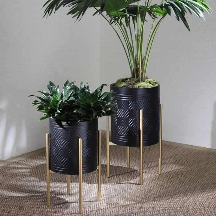 Black Indoor Outdoor Aztec Planters on Metal Stand, (Set of 2)