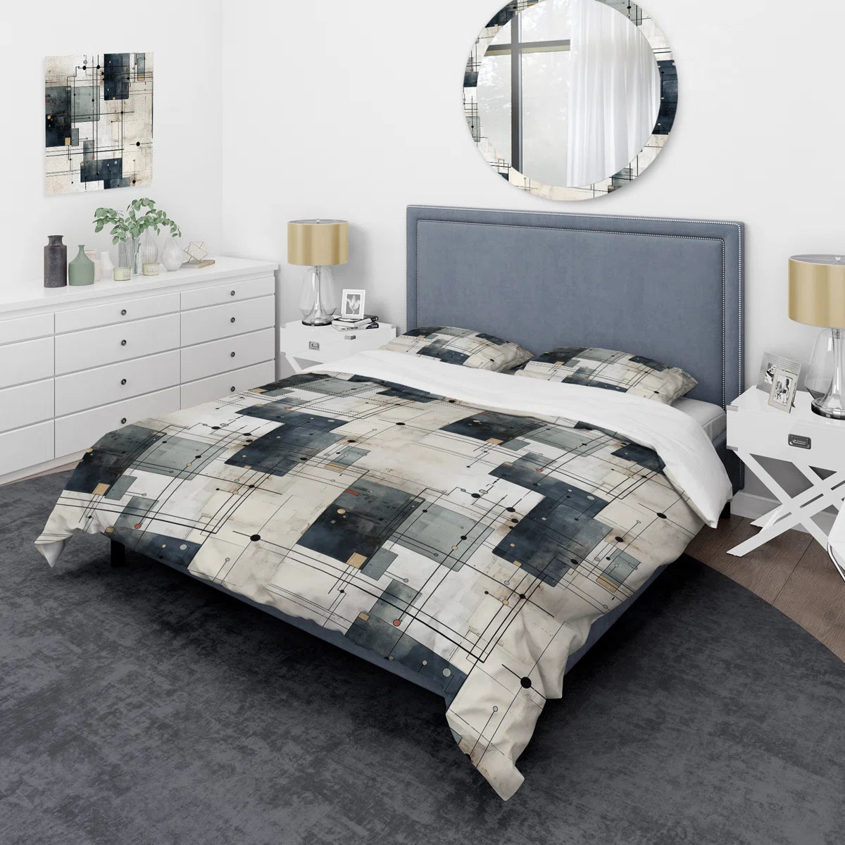 Industrial Balance I Box Stitch Geometric Shapes Duvet Cover Set Queen