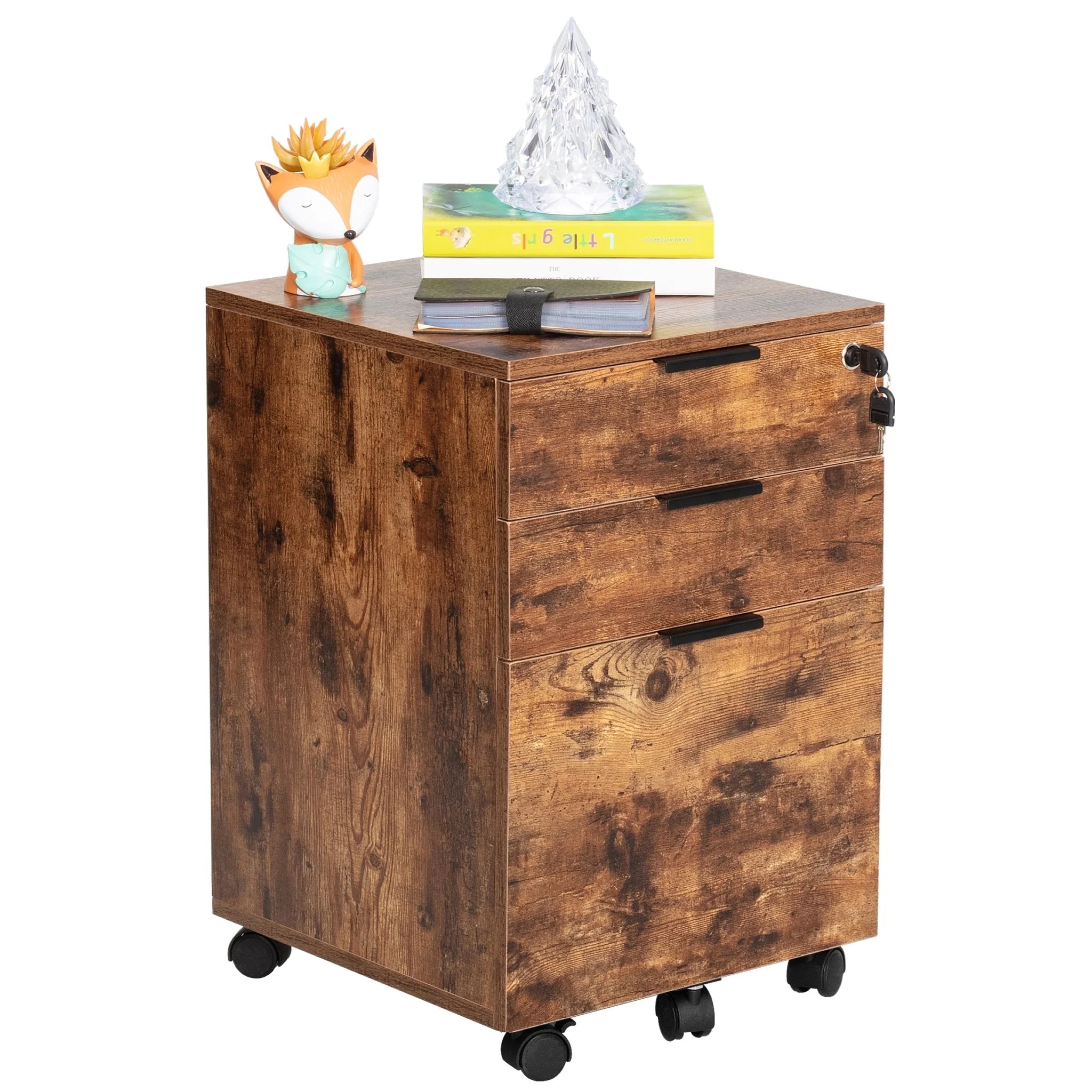 3 Drawer Rolling File Cabinet Wooden Storage with Lock & Wheels