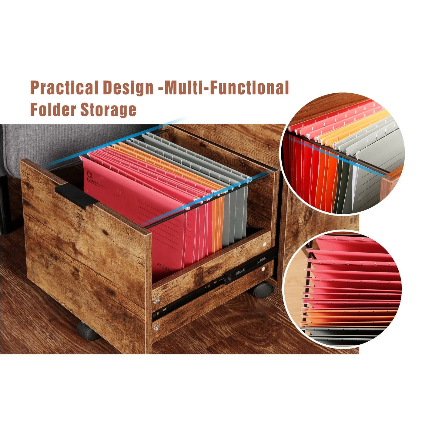 3 Drawer Rolling File Cabinet Wooden Storage with Lock & Wheels