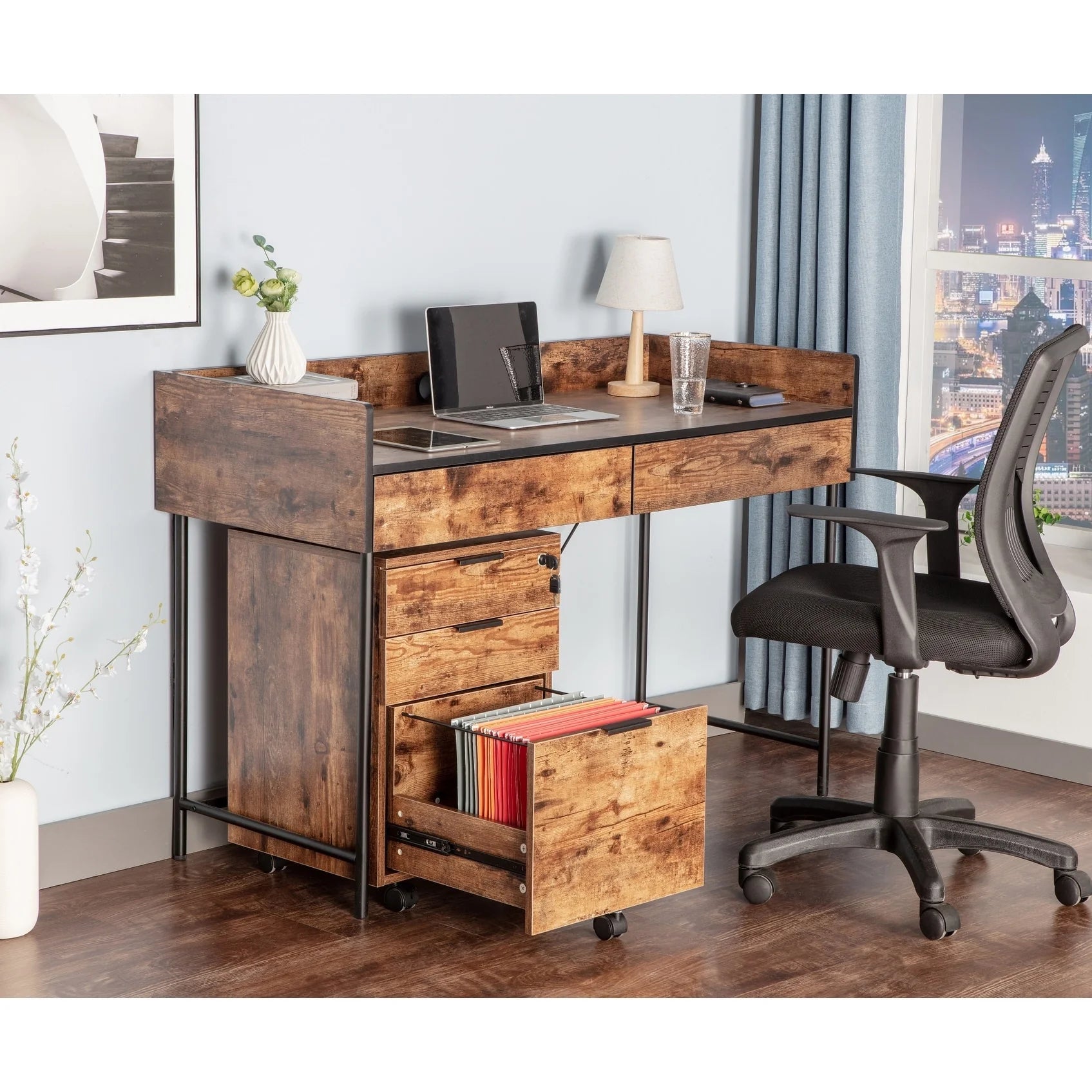 3 Drawer Rolling File Cabinet Wooden Storage with Lock & Wheels