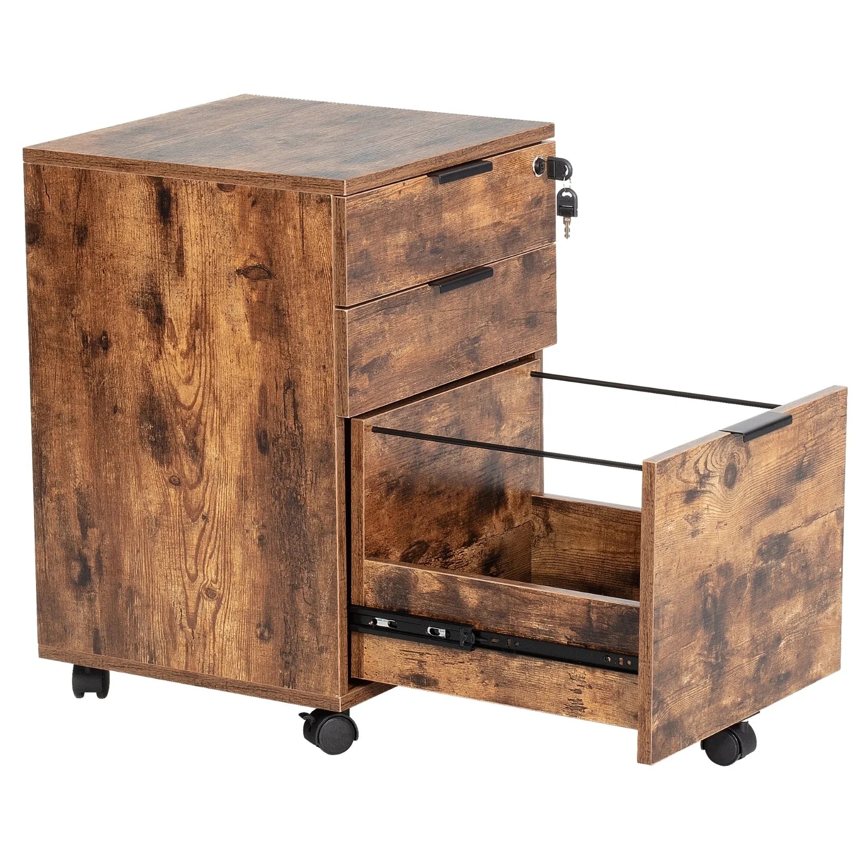 3 Drawer Rolling File Cabinet Wooden Storage with Lock & Wheels