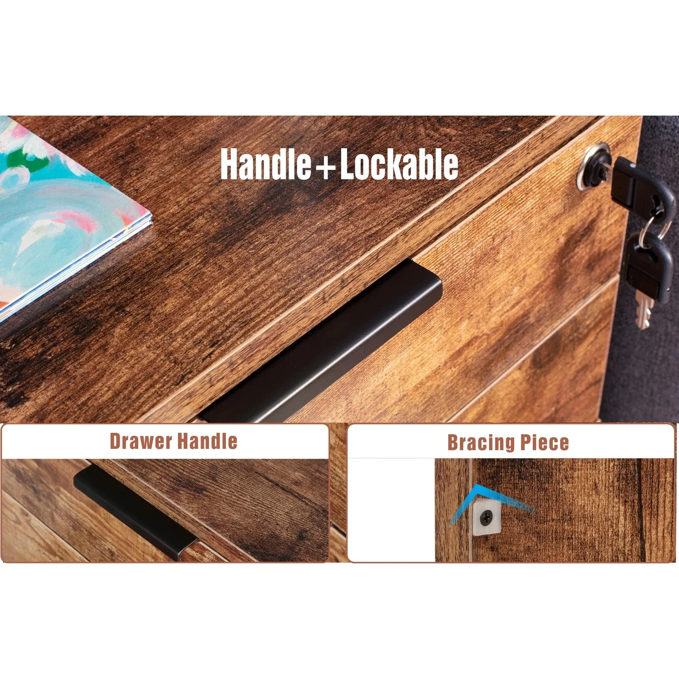 3 Drawer Rolling File Cabinet Wooden Storage with Lock & Wheels