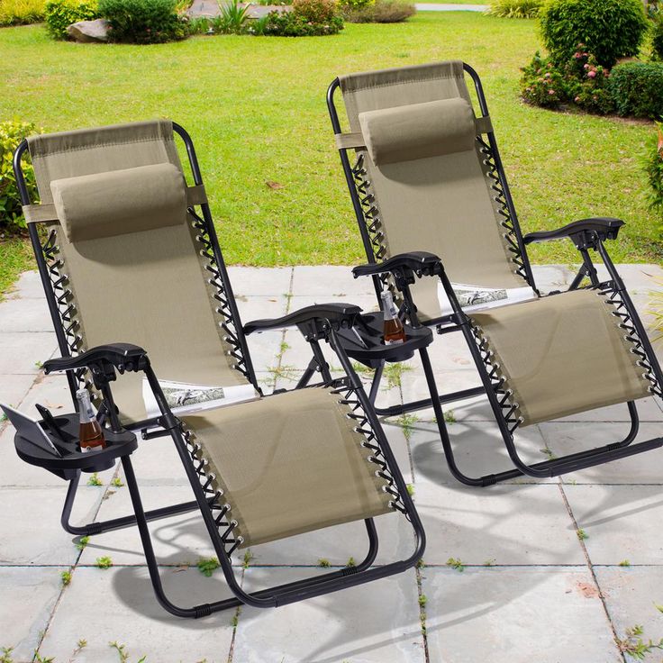 Beige Zero Gravity Folding Chair Patio Recliner with Adjustable Headrest And Side Tray (Set of 2 Chairs)