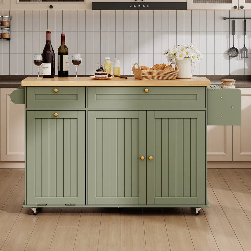 Jamera Kitchen Island with Two Large Storage Cabinets Drawers, Locking ...