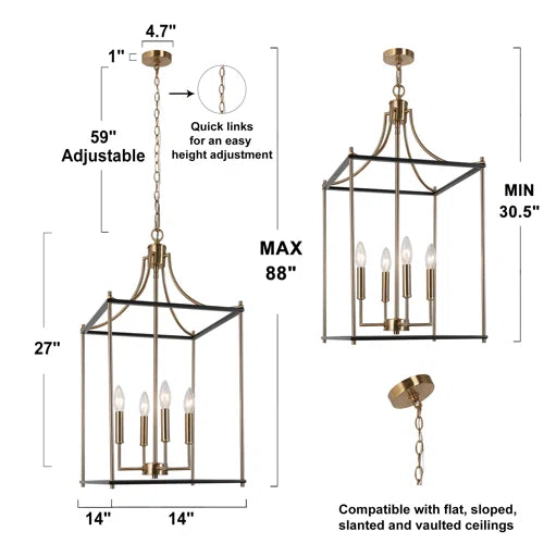 4 - Light Lantern Rectangle Cage Kitchen Island Pendant Light Foyer