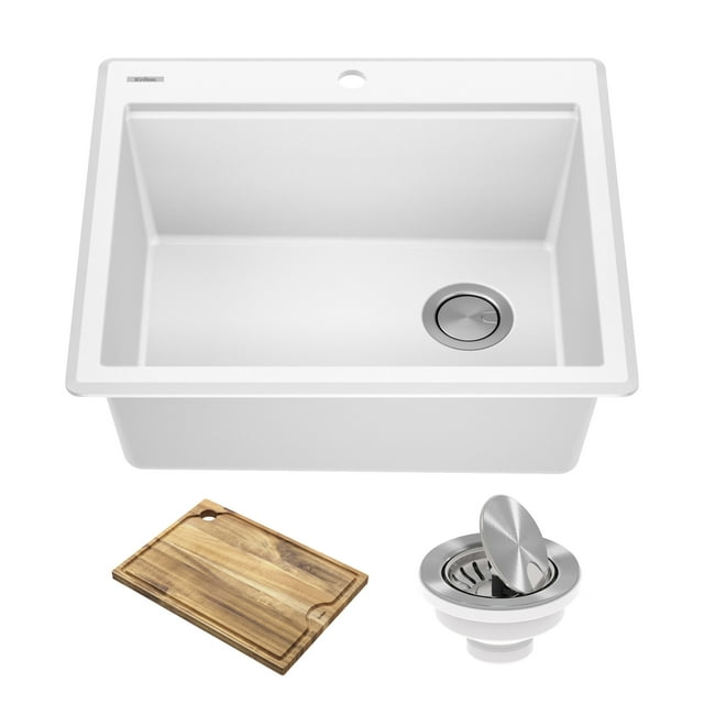 Bellucci Drop In Single Basin Granite Composite Kitchen Sink with Basket Strainer and Cutting Board
