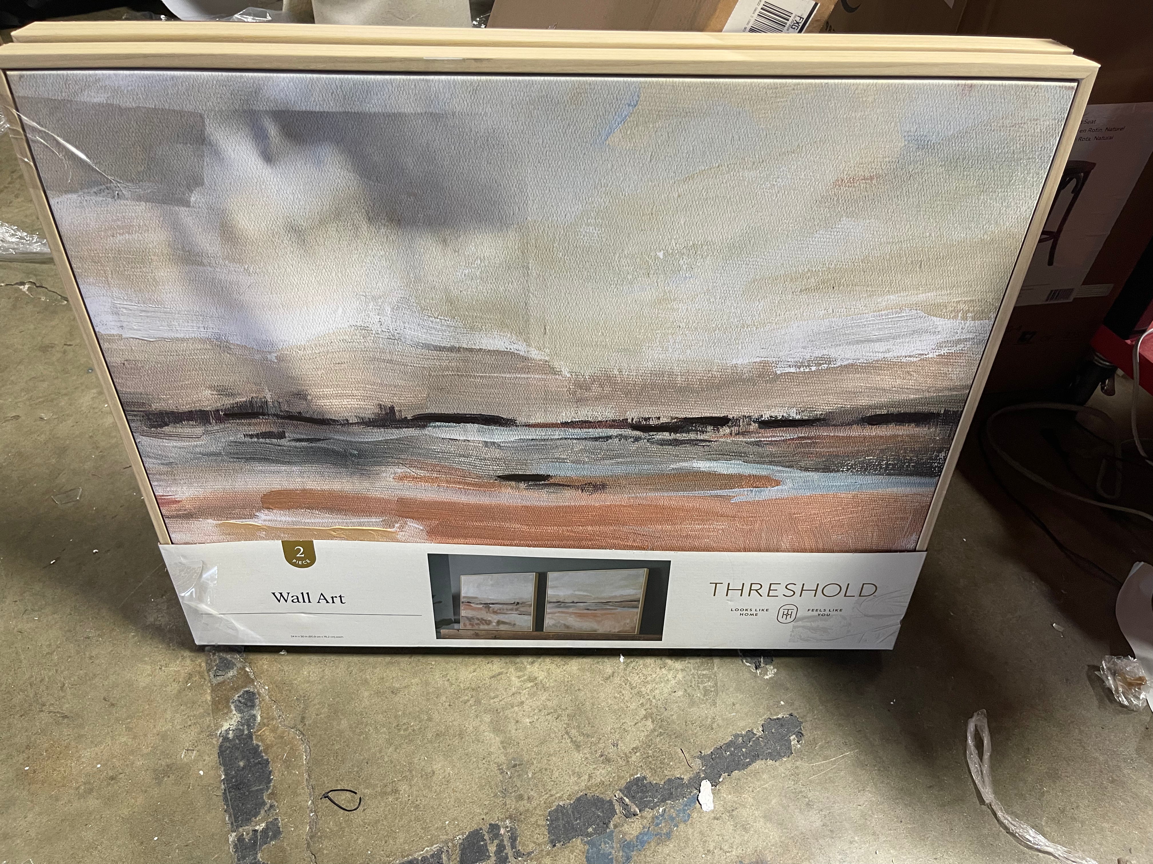 (Set of 2) Faded Landscape Framed Wall Canvases Natural: Polystyrene Frame, Blockprint Art