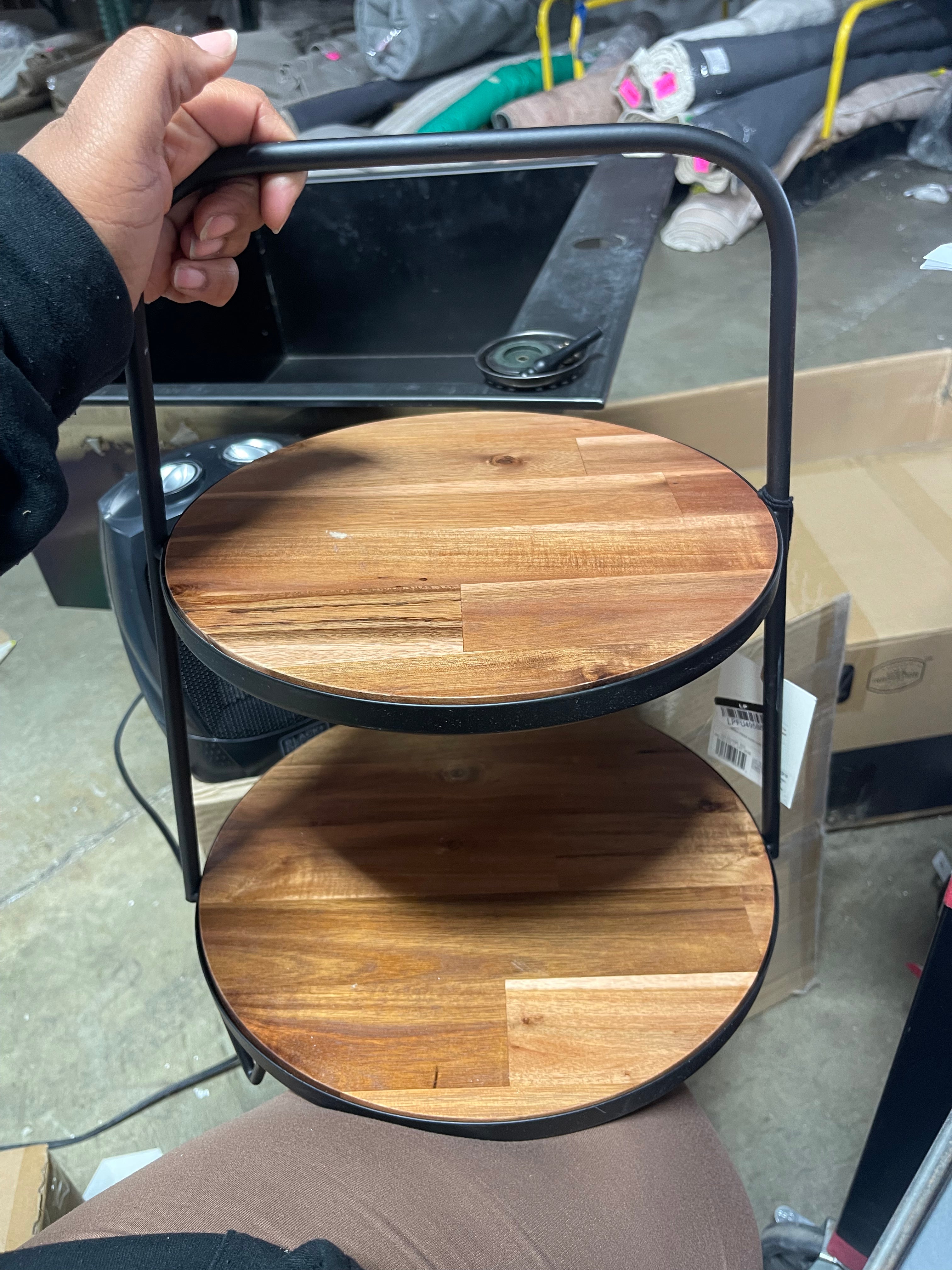 2-Tier Wood & Metal Serving Stand Brown/Black: Acacia Tiered Tray Display
