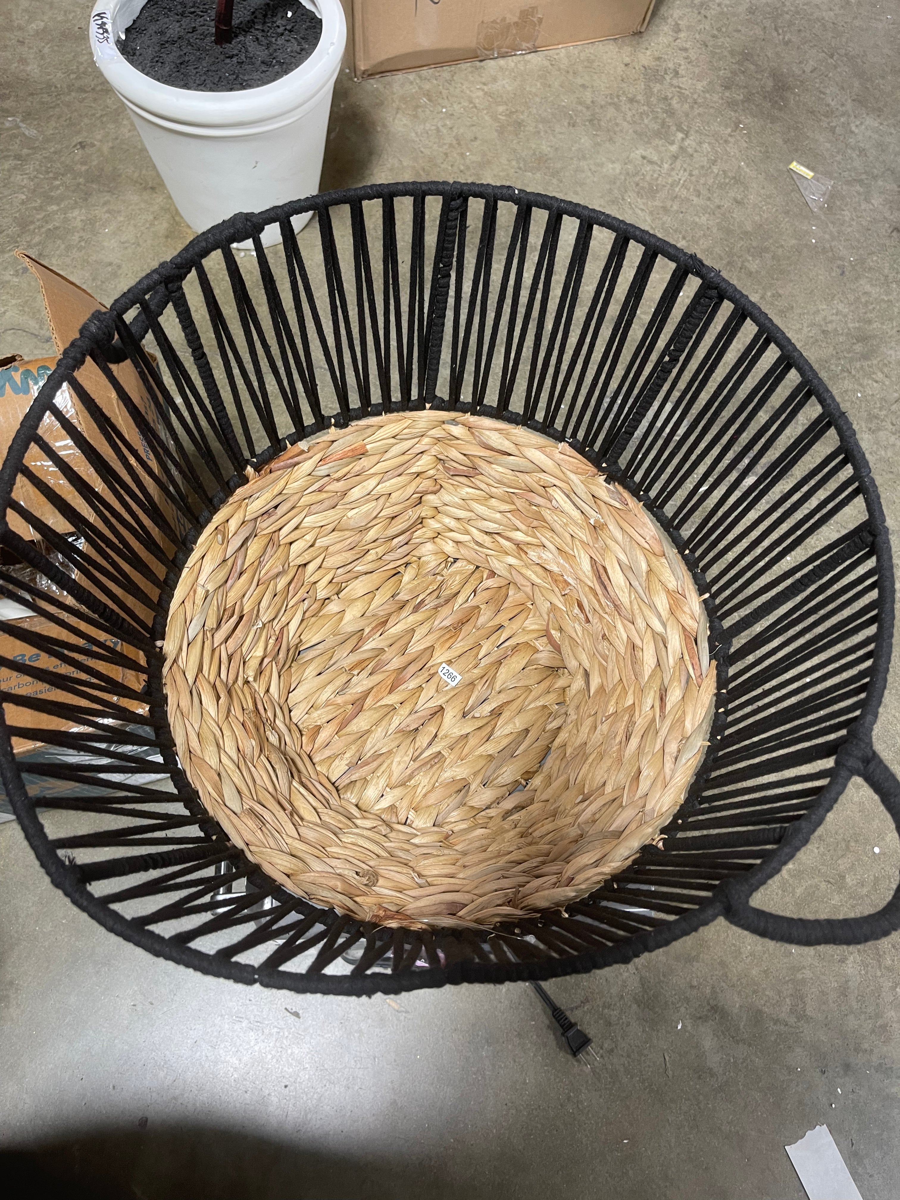 L Water Hyacinth and Black Cotton Rope Basket - Round Decorative Basket for Blankets or Shoes