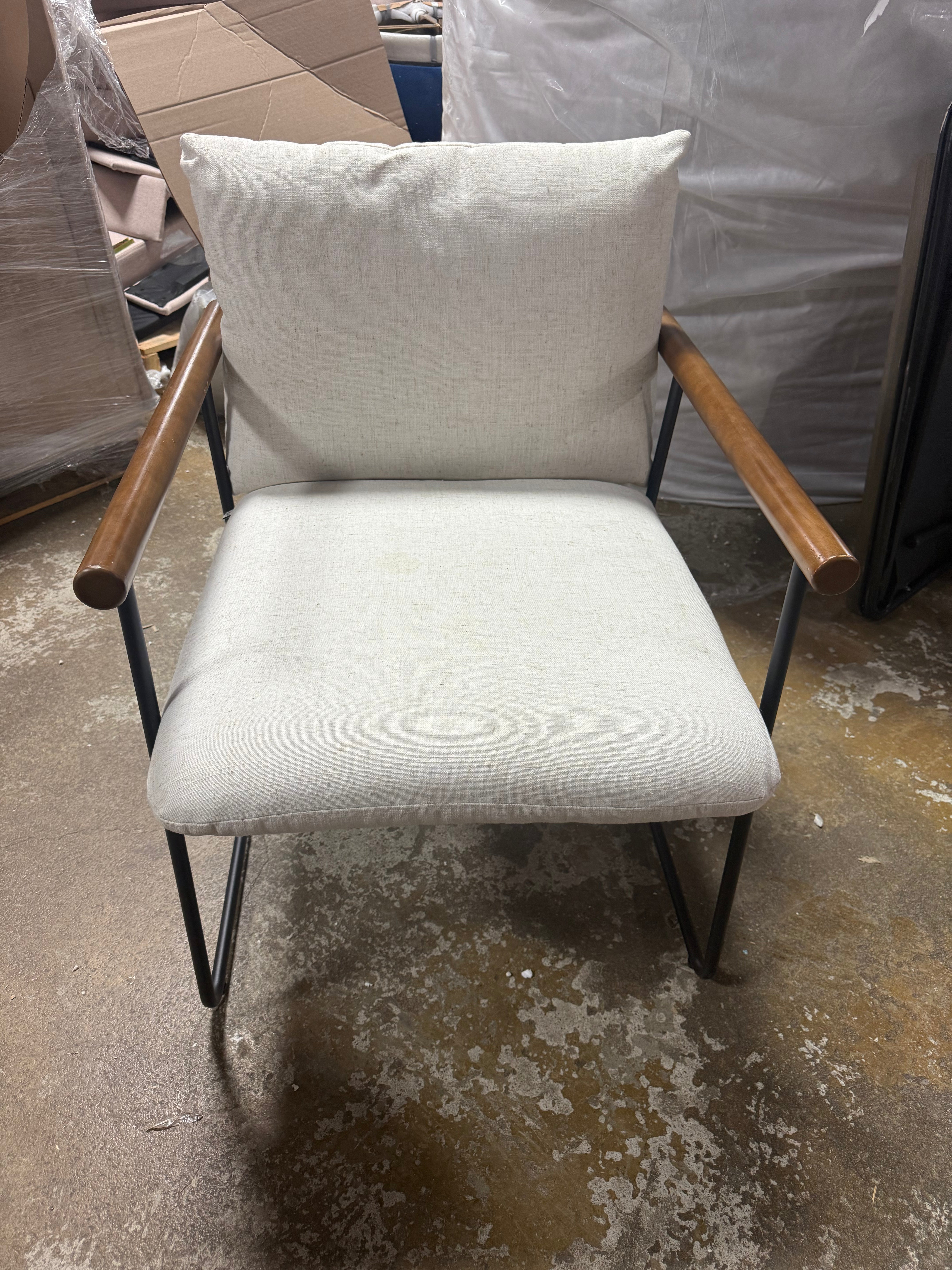 Dutton Armchair in Ivory Fabric with Natural Arms and Black Sled Base