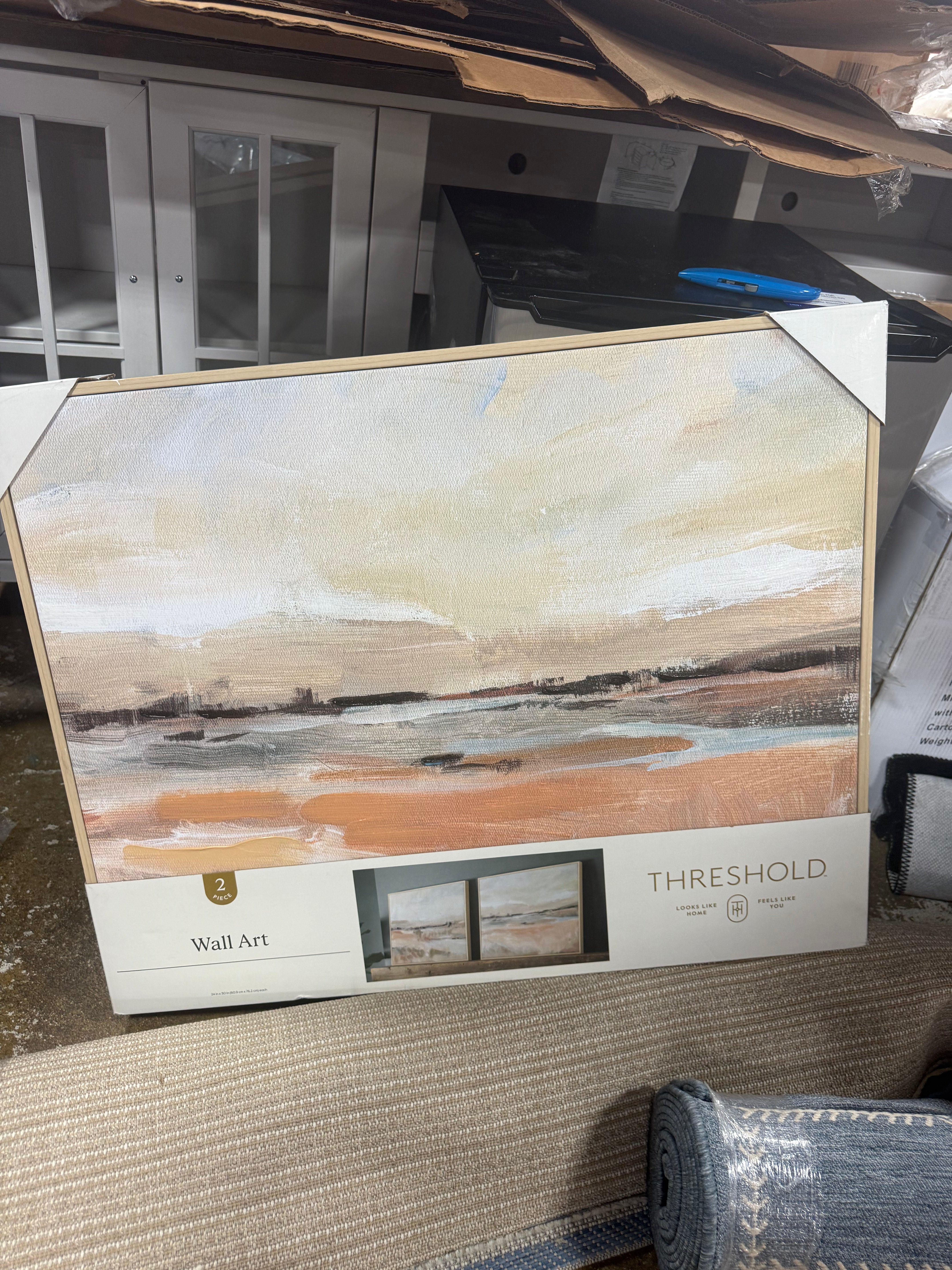 (Set of 2)  Faded Landscape Framed Wall Canvases Natural : Polystyrene Frame, Blockprint Art