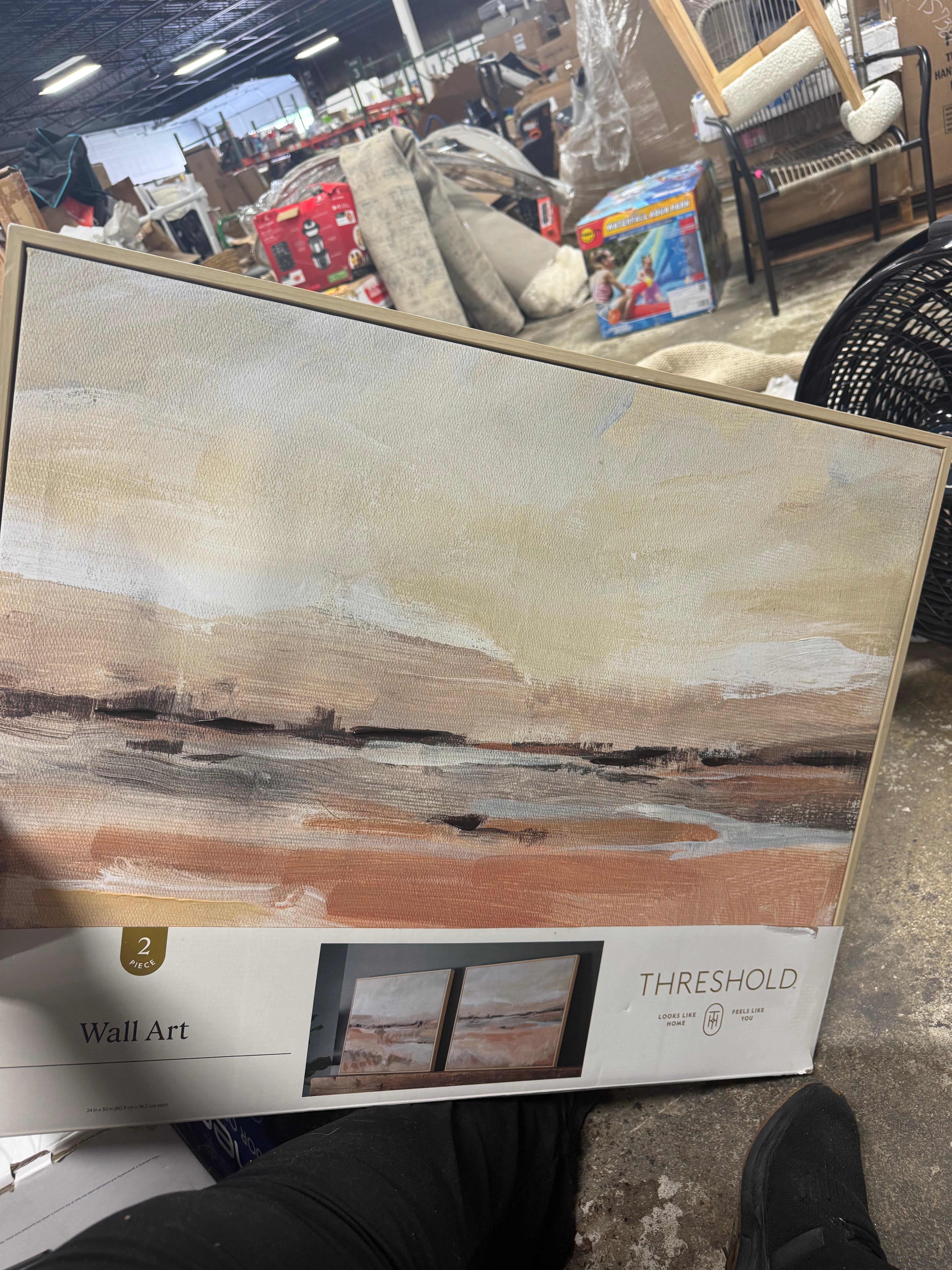 (Set of 2)  Faded Landscape Framed Wall Canvases Natural : Polystyrene Frame, Blockprint Art