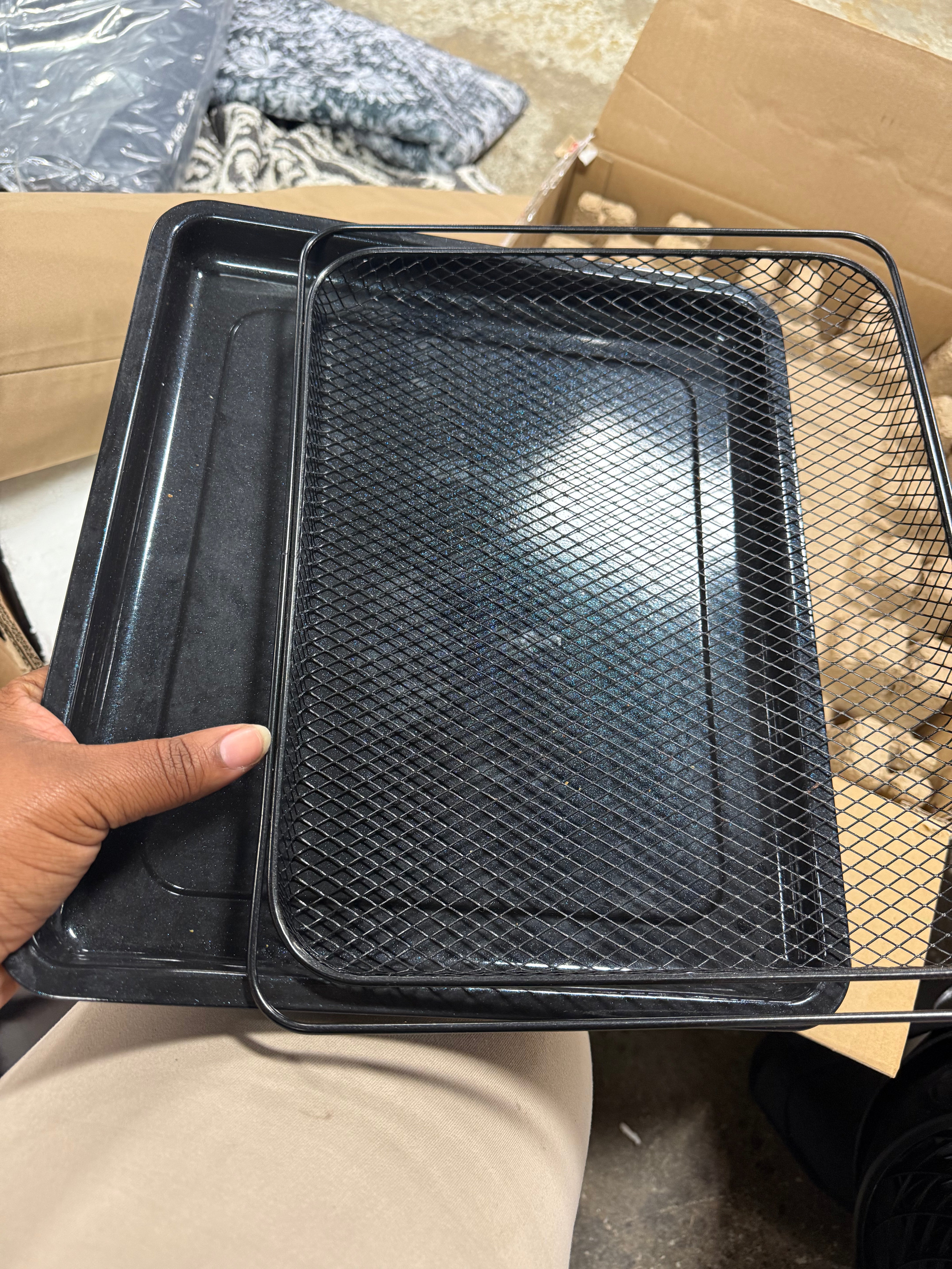 Bistro Stainless Steel 9-in-1 Air Fry Oven, Nonstick Baking Pan, Stainless Steel Rack, and Basket, Fast Heating, Multifunction Presets, Cool-Touch Handle, PFAS-Free, Easy Cleanup Crumb Tray