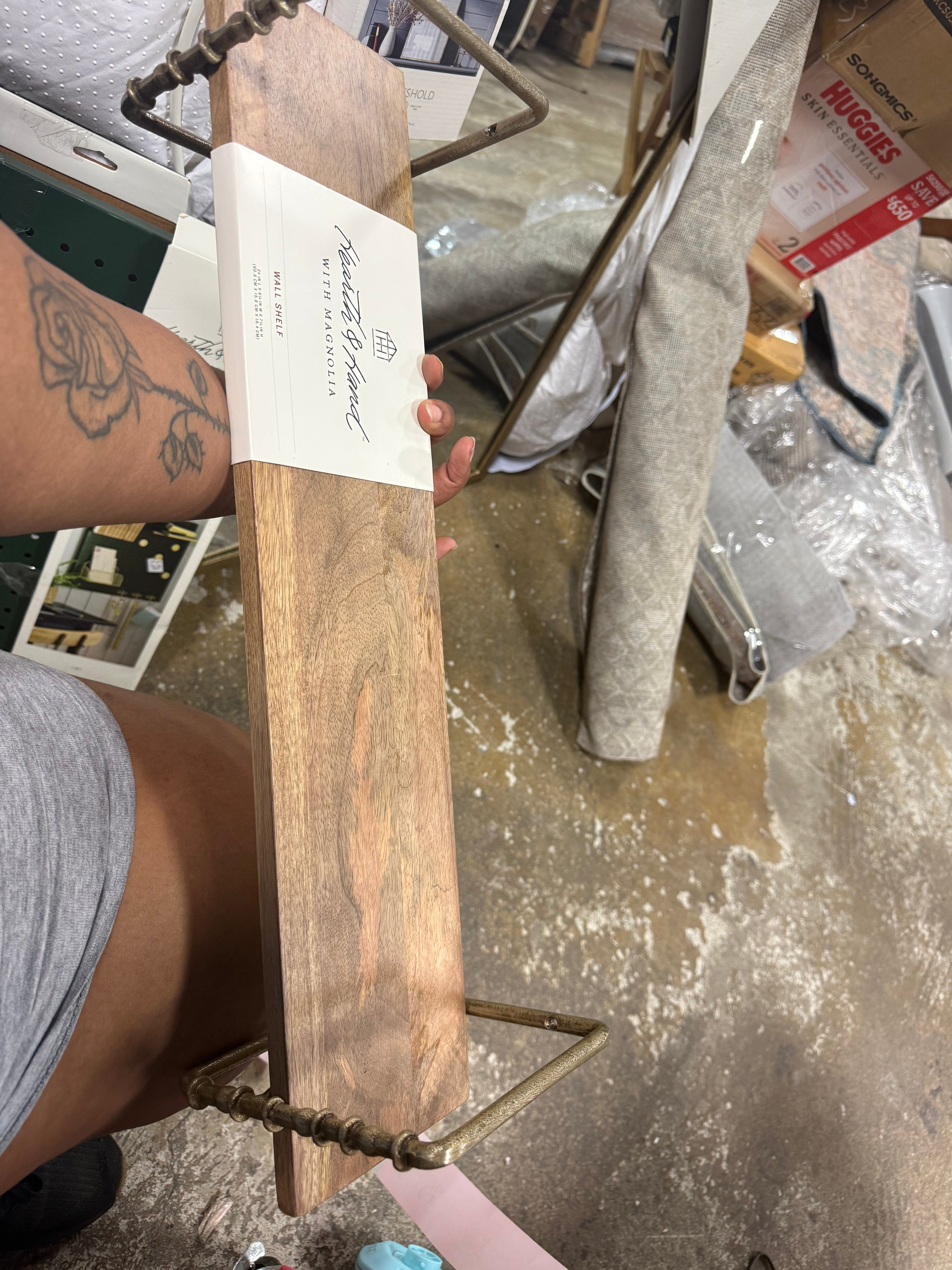 Turned Brass and Wood Wall Shelf