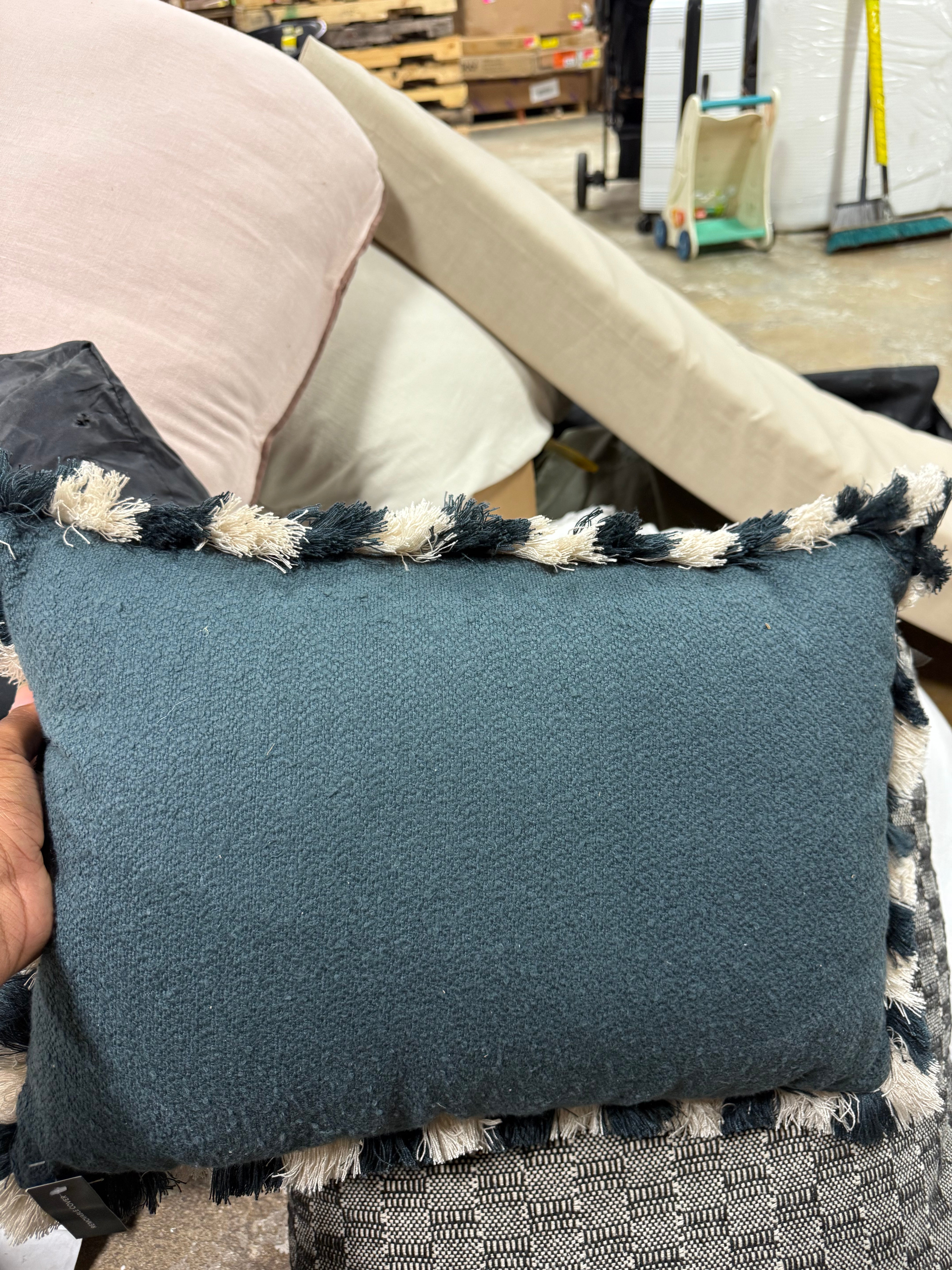 Solid Texture Lumbar Throw Pillow with Stripe Fringe