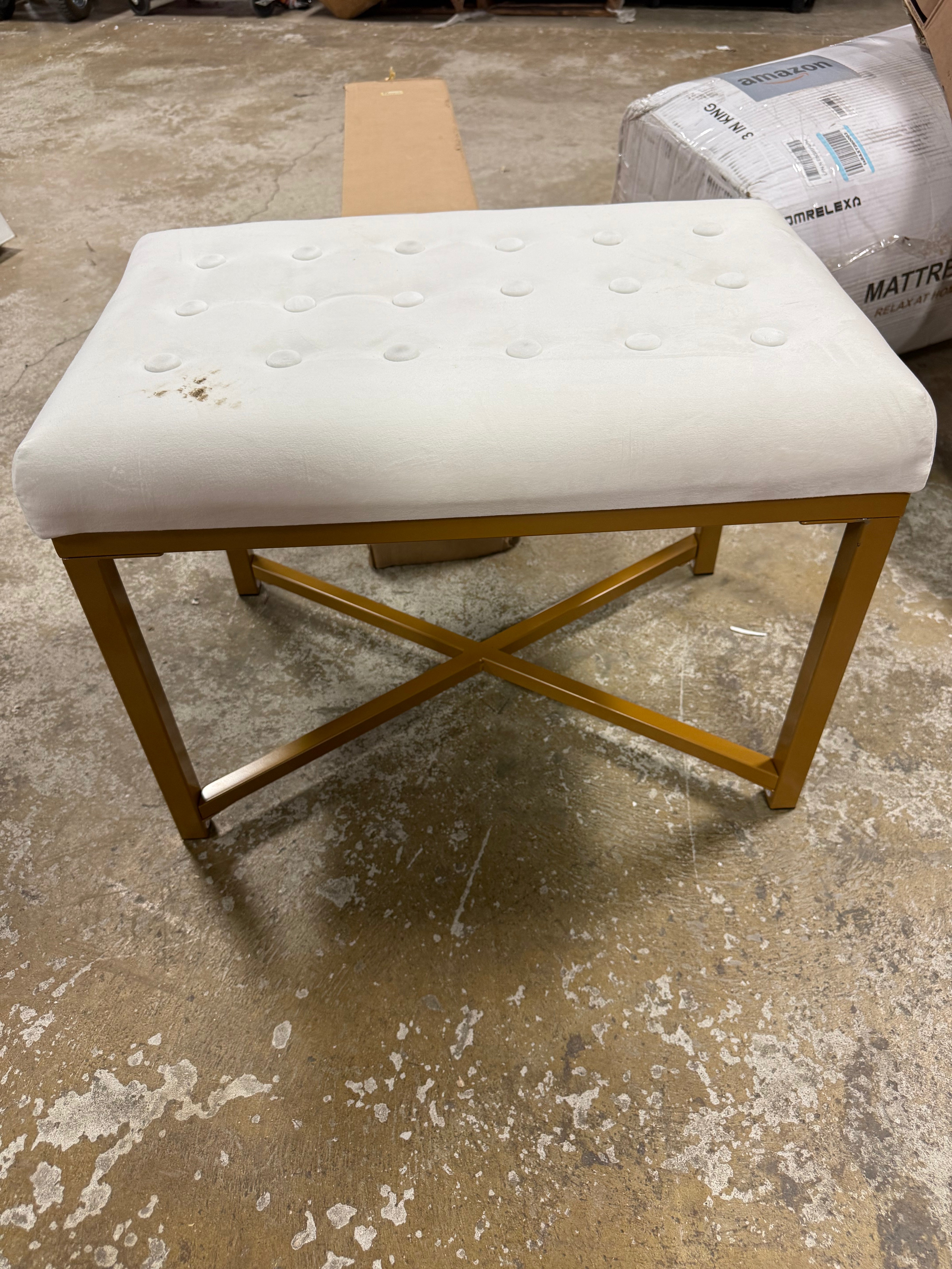 Rectangle Ottoman Velvet Tufted Cushion and Gold Metal X Base