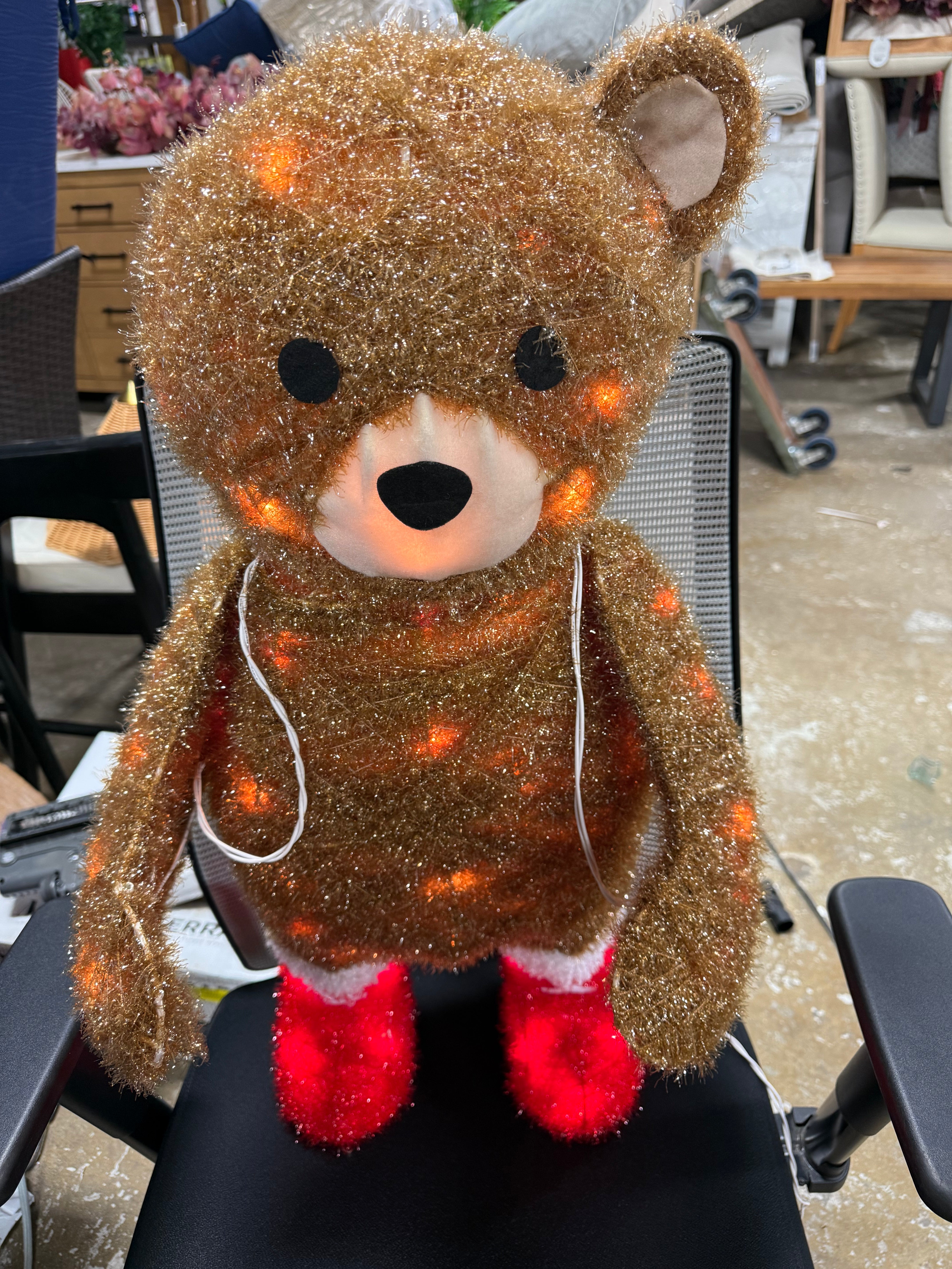 Holiday Tinsel Bear Light Up Display Holding Presents Has Scarf