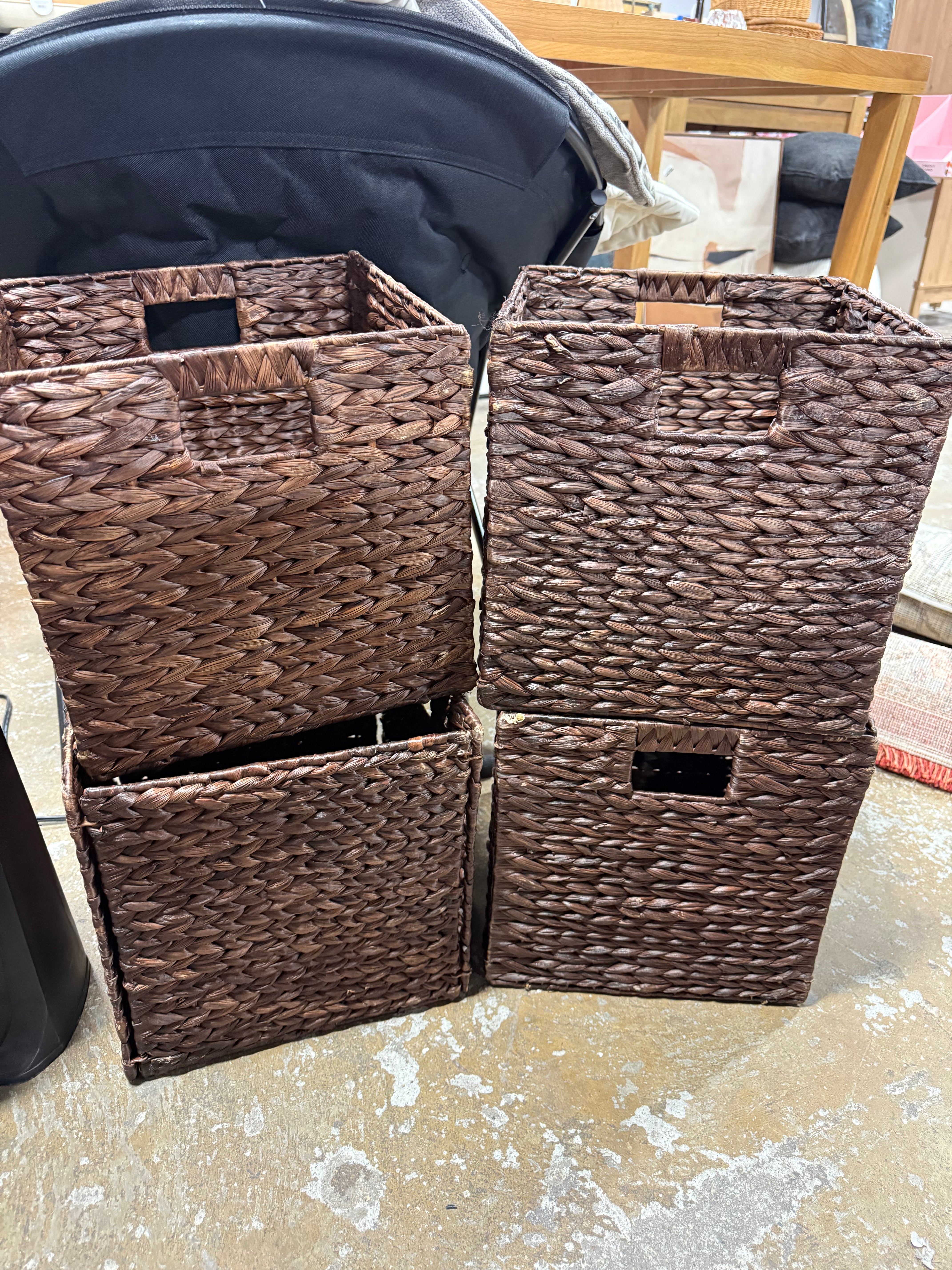 Water Hyacinth Storage Baskets - Set of 4 Collapsible Cubes, Woven Bin Organizers