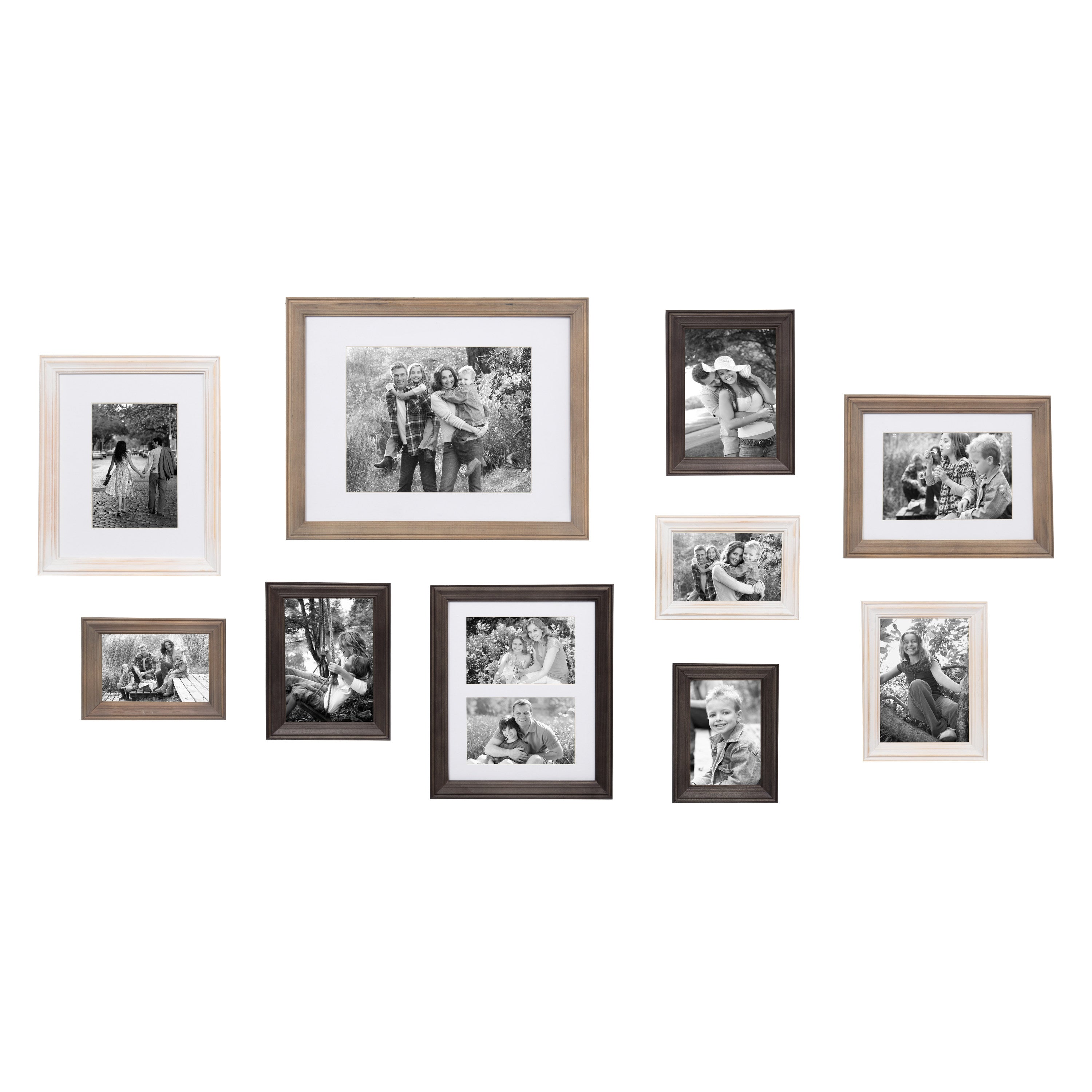 Bordeaux Gallery Wall Kit, Set of 10 with Assorted Size Frames in 3 Different Finishes - White Wash, Charcoal Gray, and Rustic Gray
