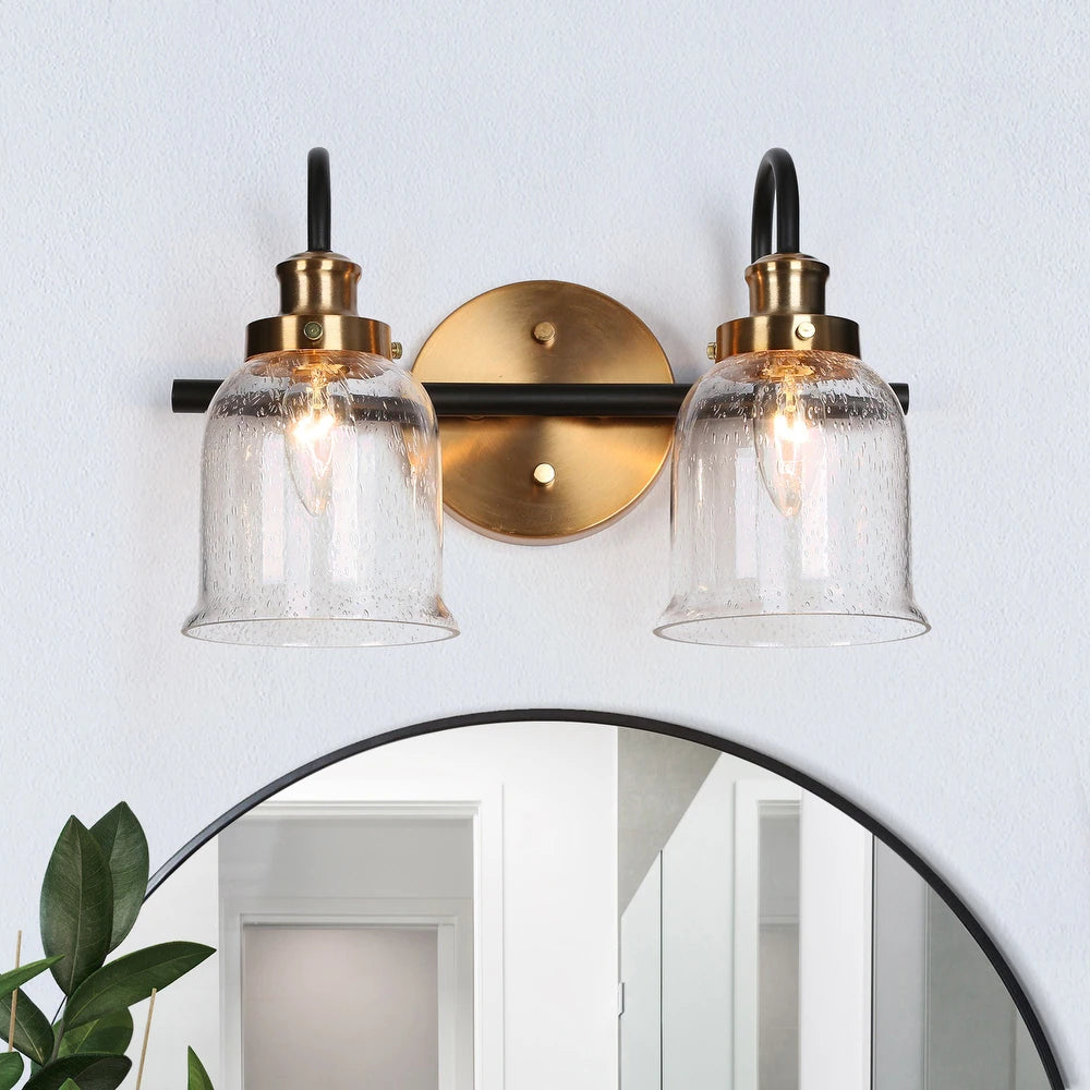 Black Gold Bathroom Vanity Lights Seeded Glass Bell Wall Sconces - 2-Light