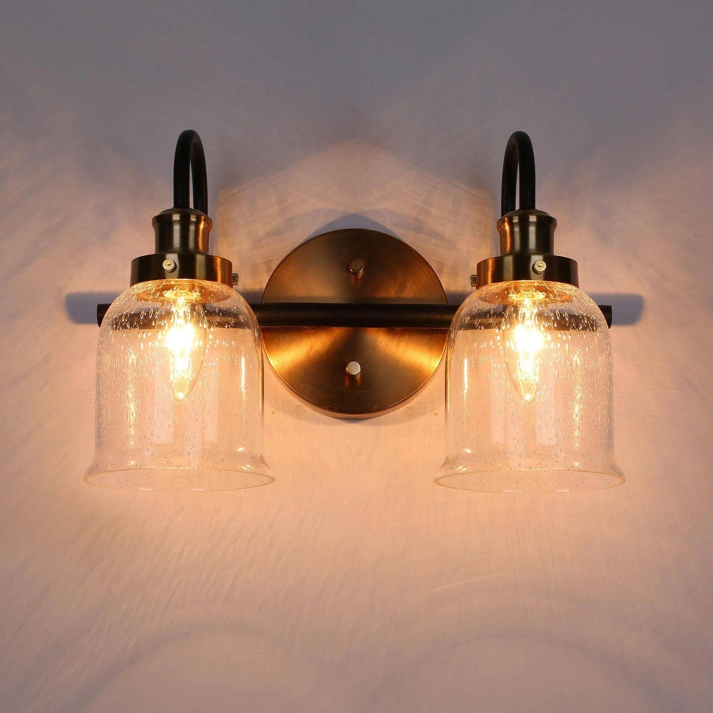 Black Gold Bathroom Vanity Lights Seeded Glass Bell Wall Sconces - 2-Light