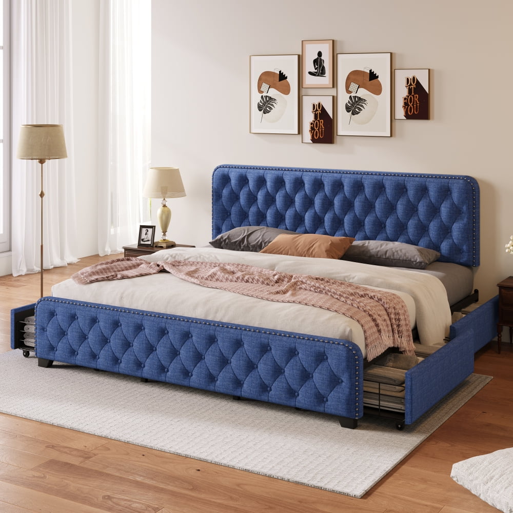 Blue Metal Frame King Size Button Tufted Nailhead Upholstered Platform Bed with 4 Large Drawers