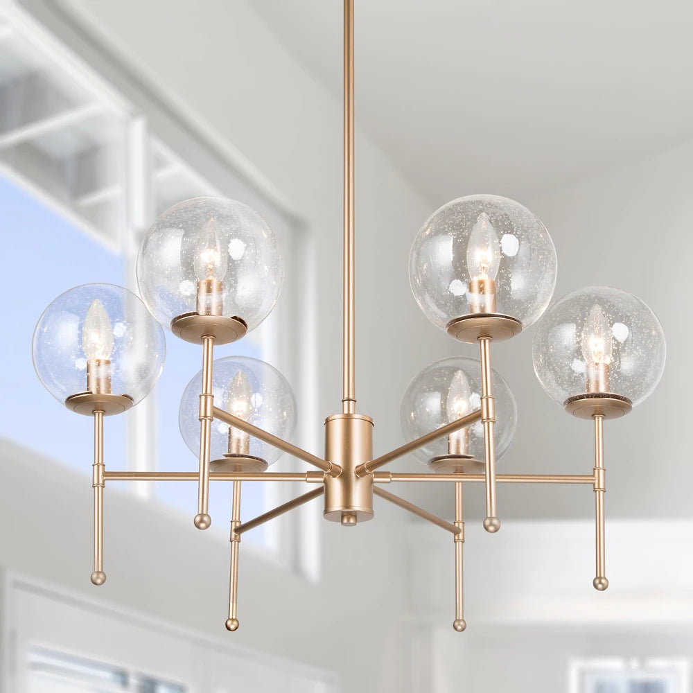 Koini Mid-century Modern 6-light Orb Glass Chandelier Wheel Hanging Lights for Dining Room