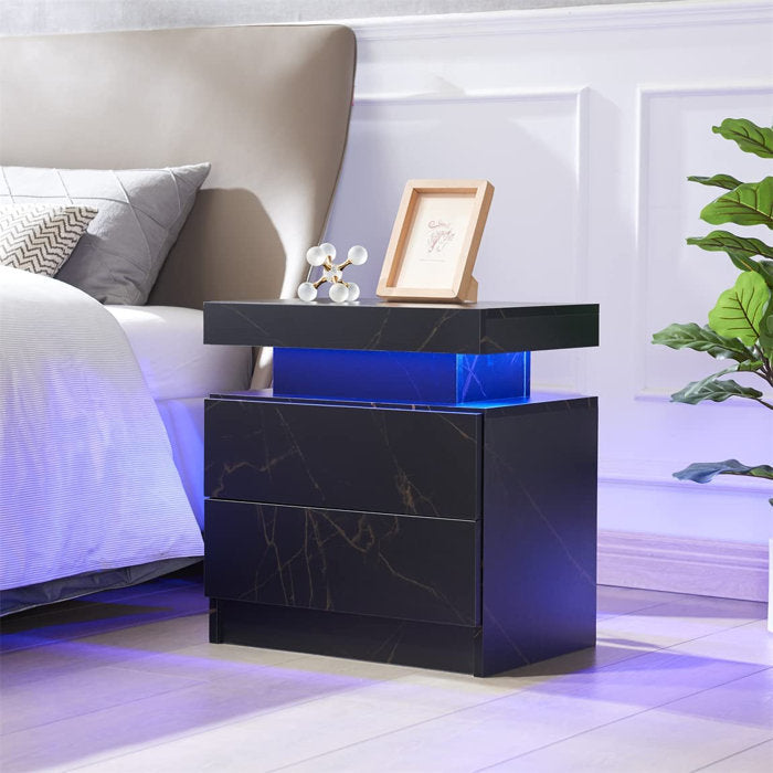 Black Marble LED Nightstand with Drawers