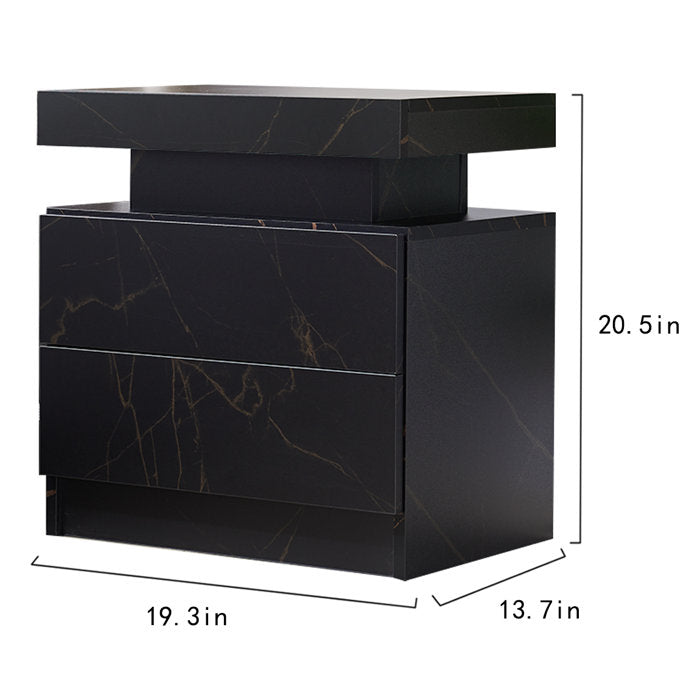 Black Marble LED Nightstand with Drawers
