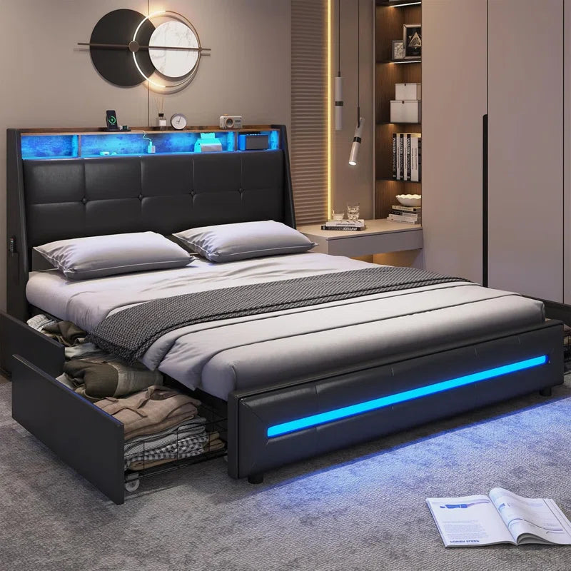 LED Upholstered Platform Bed Frame with 4 Storage Drawers and Storage ...