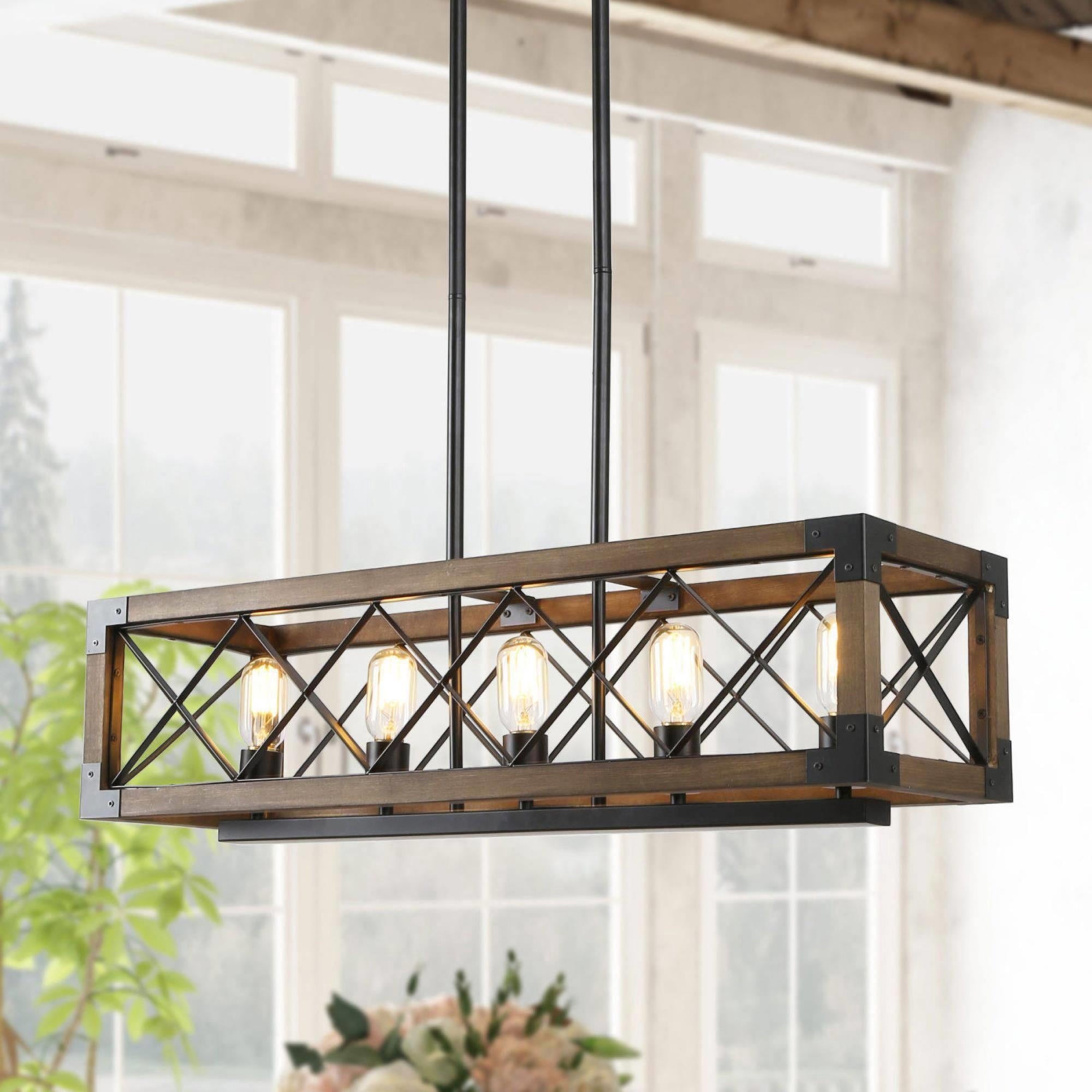 Wood Kitchen Chandelier 5-Light Linear Farmhouse Black Island Dining Room Chandelier Pendant with Rustic Rectangle Frame