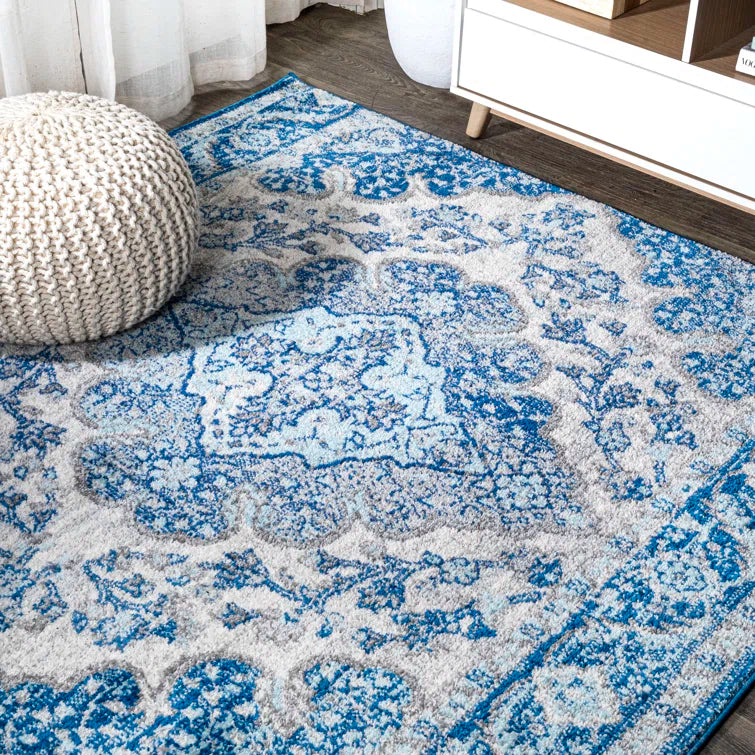 5'3" Lathan Bohemian FLAIR Boho Vintage Medallion Rug - Cream/Blue SHOWROOM ITEM