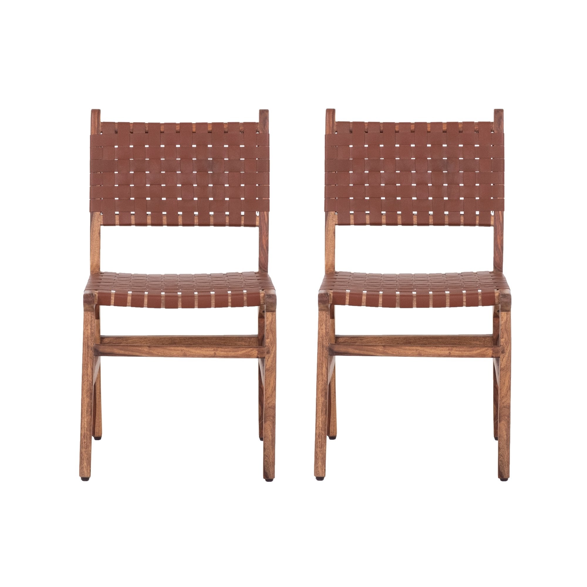 Leather Woven Dining Chair Wooden Chair Set Of 2, Brown
