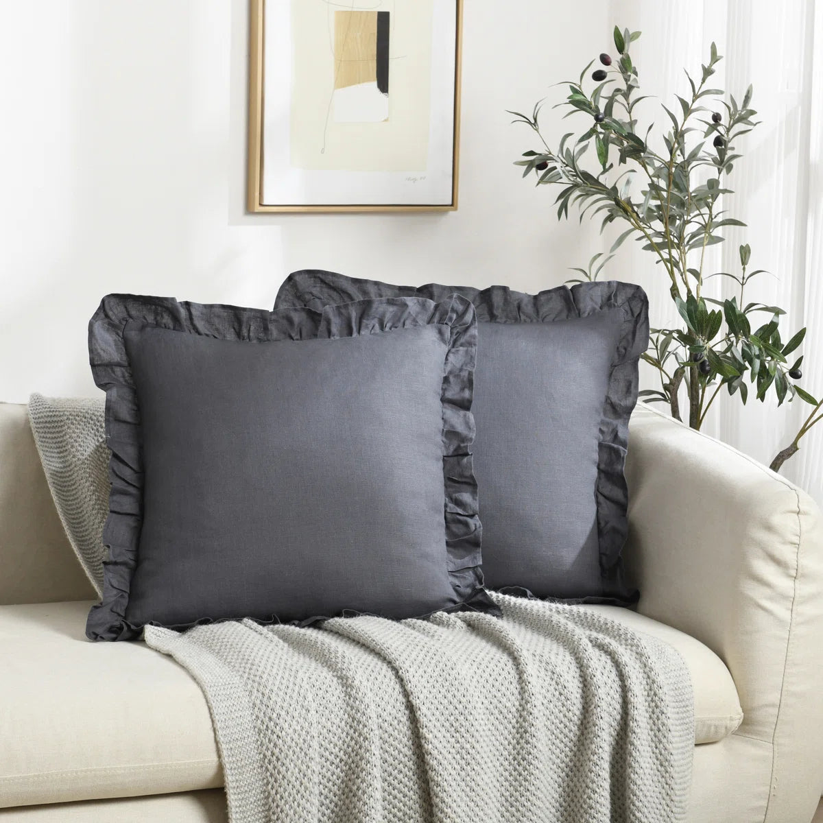 Linen Pleated Ruffled Romantic Fringes Pillow Covers (Set of 2)