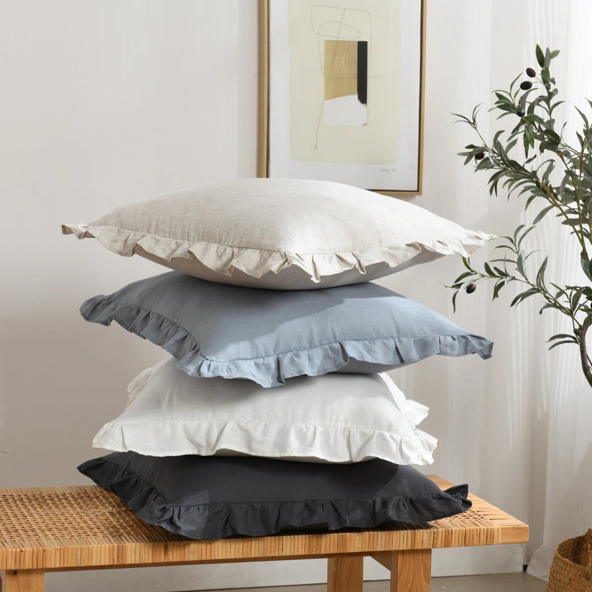 Linen Pleated Ruffled Romantic Fringes Pillow Covers (Set of 2)