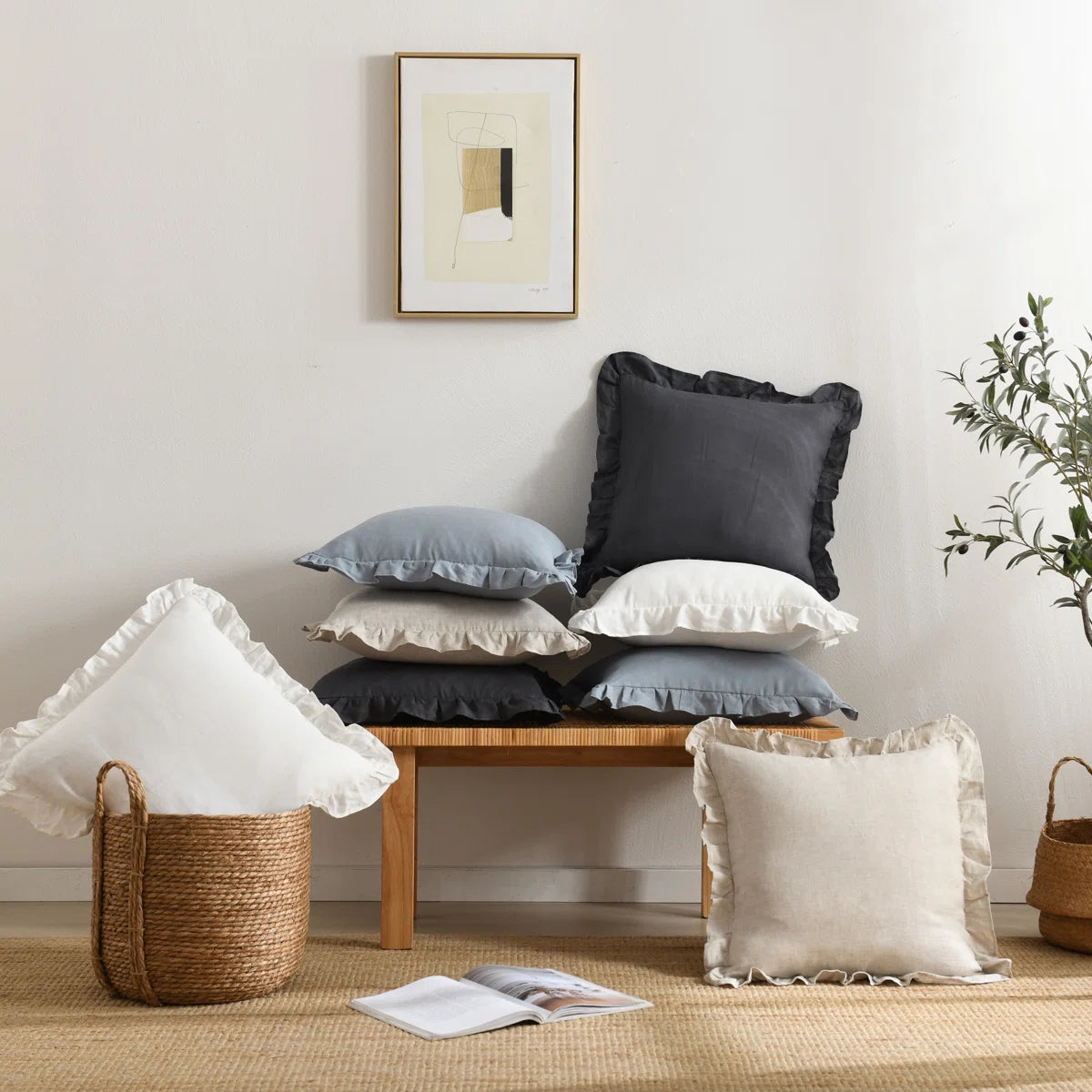 Linen Pleated Ruffled Romantic Fringes Pillow Covers (Set of 2)