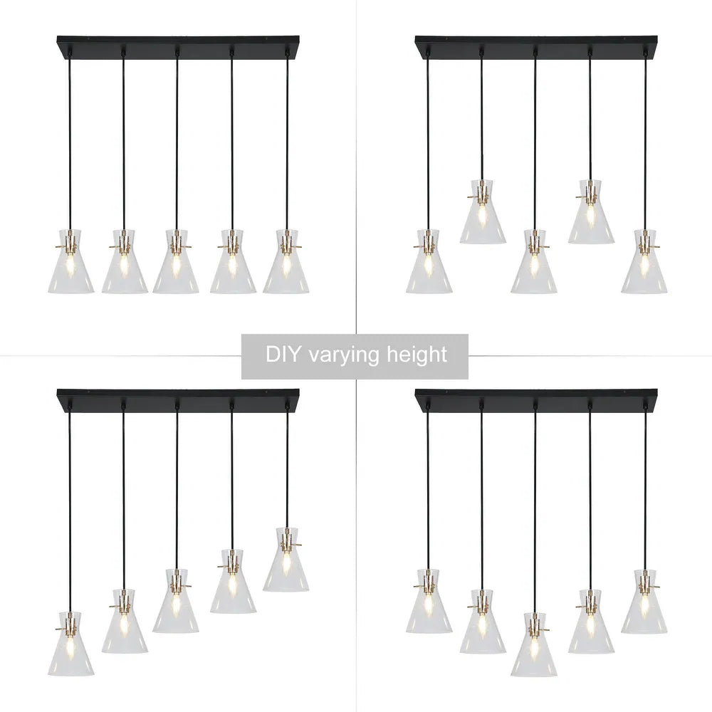 Liniya Modern Farmhouse Linear Adjustable Wire Chandelier with Cone Seeded Glass Cluster Kitchen Island Pendant Lights