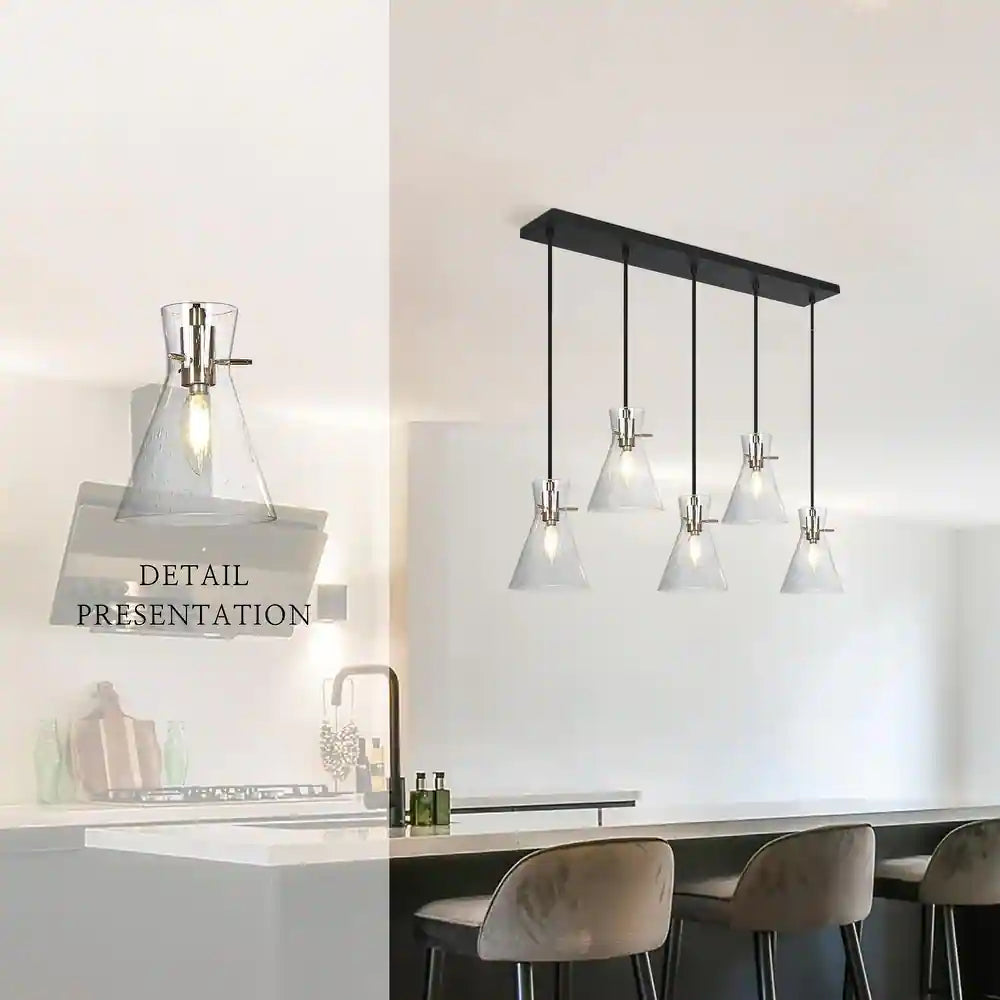 Liniya Modern Farmhouse Linear Adjustable Wire Chandelier with Cone Seeded Glass Cluster Kitchen Island Pendant Lights