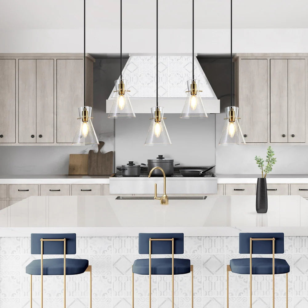 Liniya Modern Farmhouse Linear Adjustable Wire Chandelier with Cone Seeded Glass Cluster Kitchen Island Pendant Lights