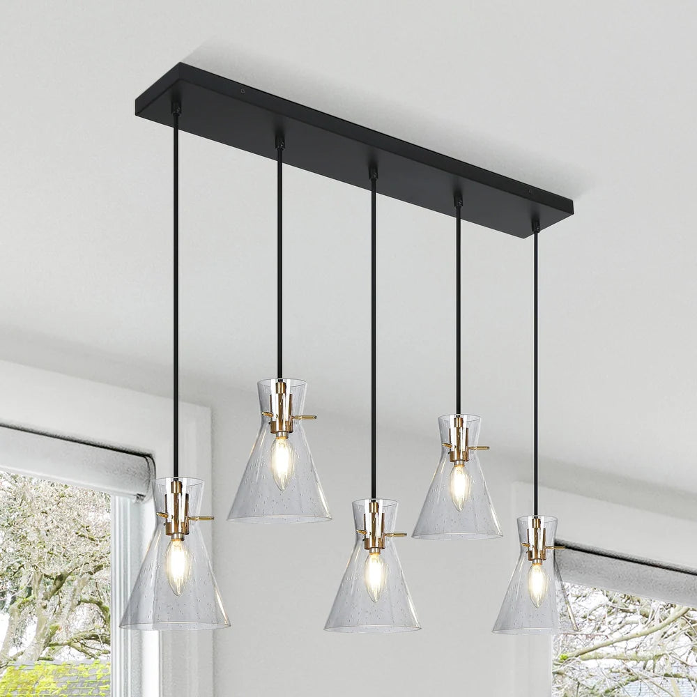 Liniya Modern Farmhouse Linear Adjustable Wire Chandelier with Cone Seeded Glass Cluster Kitchen Island Pendant Lights