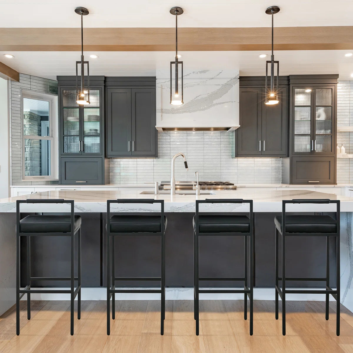 Modern Bar Stools Upholstered Bar Height Low Back and Metal Frame